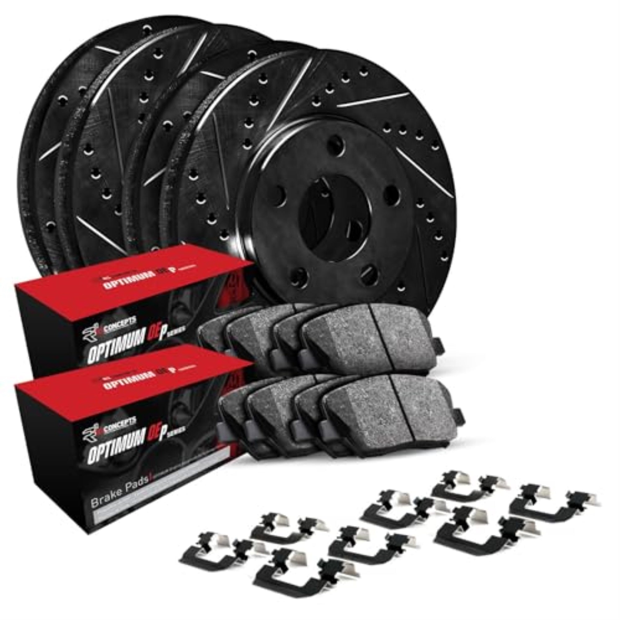 R1 Concepts Drilled and Slotted Black Disc Brake Rotor and Drum Set with Optimum Oe Pads, Shoes, and Hardware WHUH2-76089