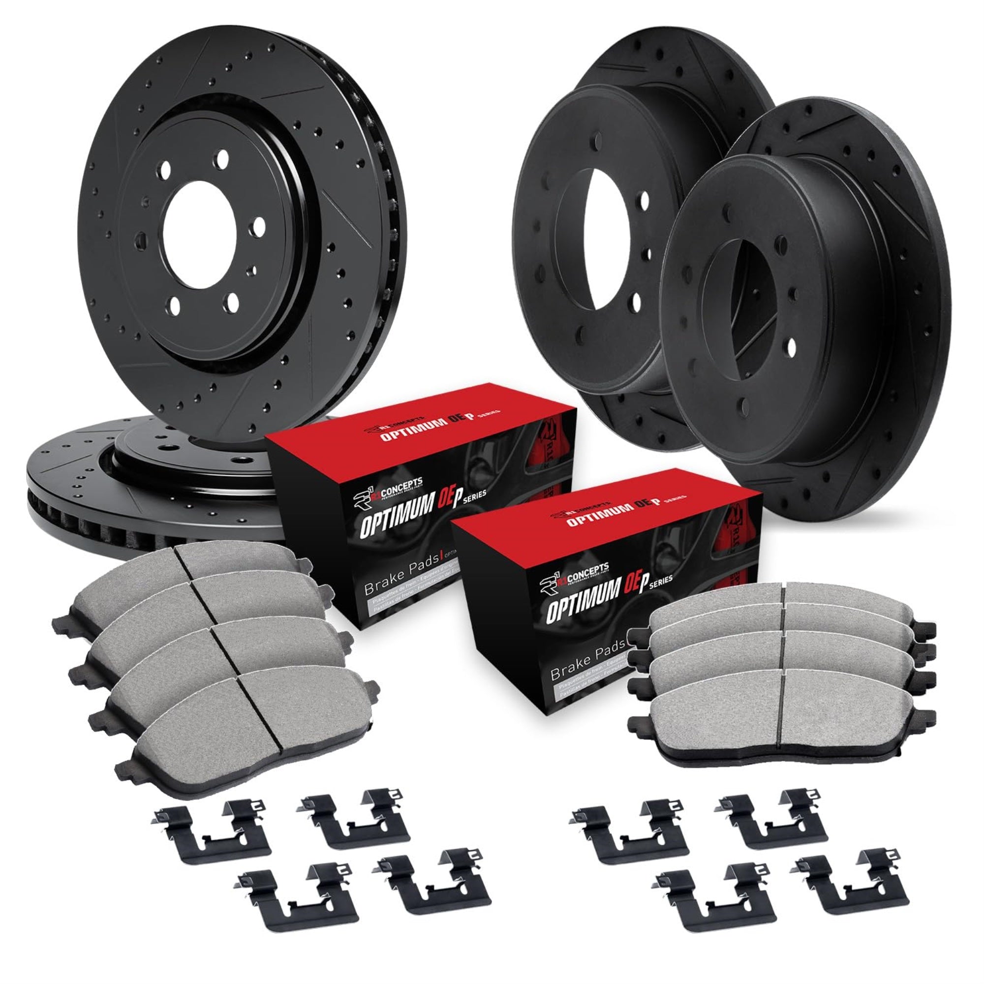 R1 Concepts Drilled And Slotted Black Disc Brake Rotor Set With Optimum Oe Pads And Hardware Whuh2-93001