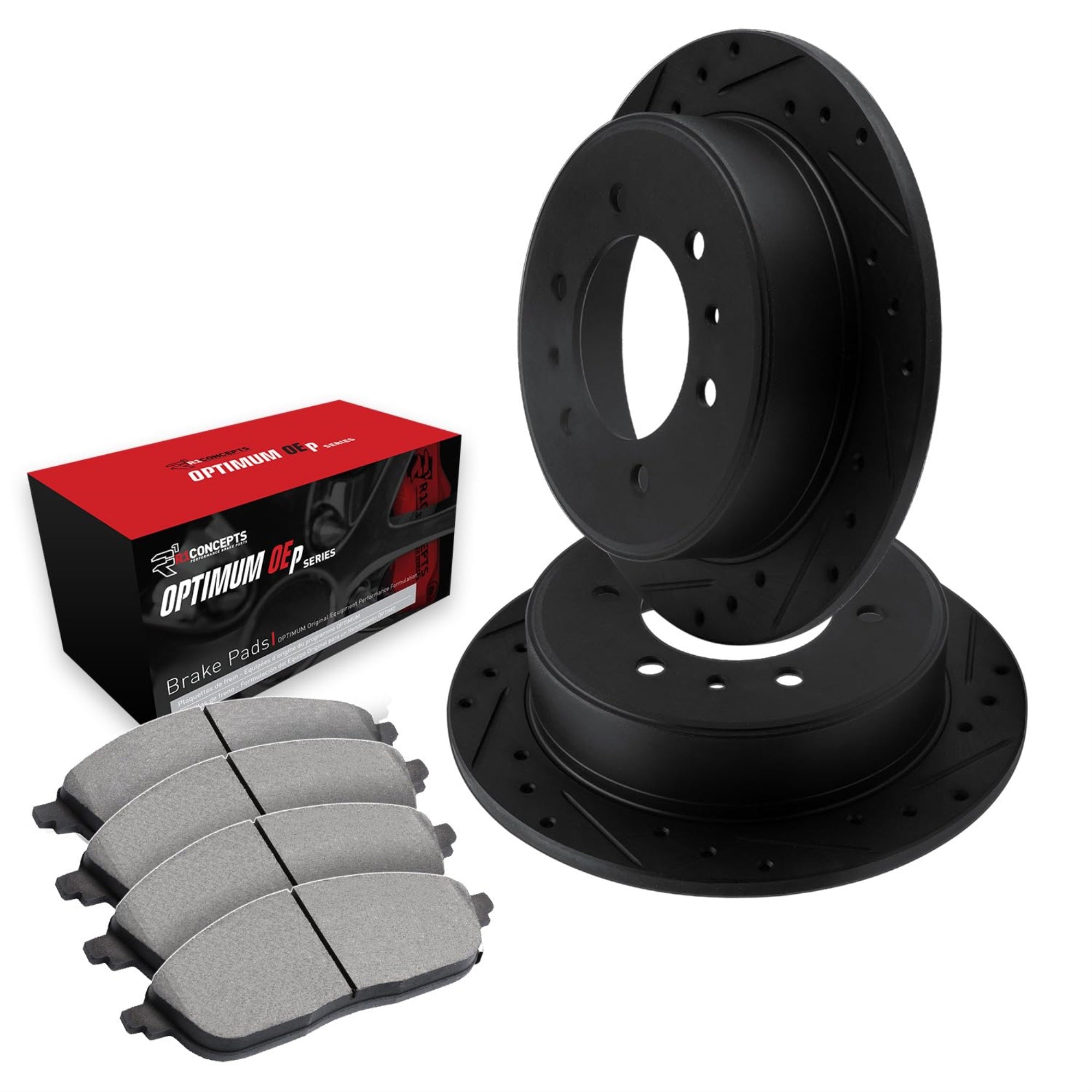 R1 Concepts Drilled And Slotted Black Disc Brake Rotor Set With Optimum Oe Pads Whun1-21026