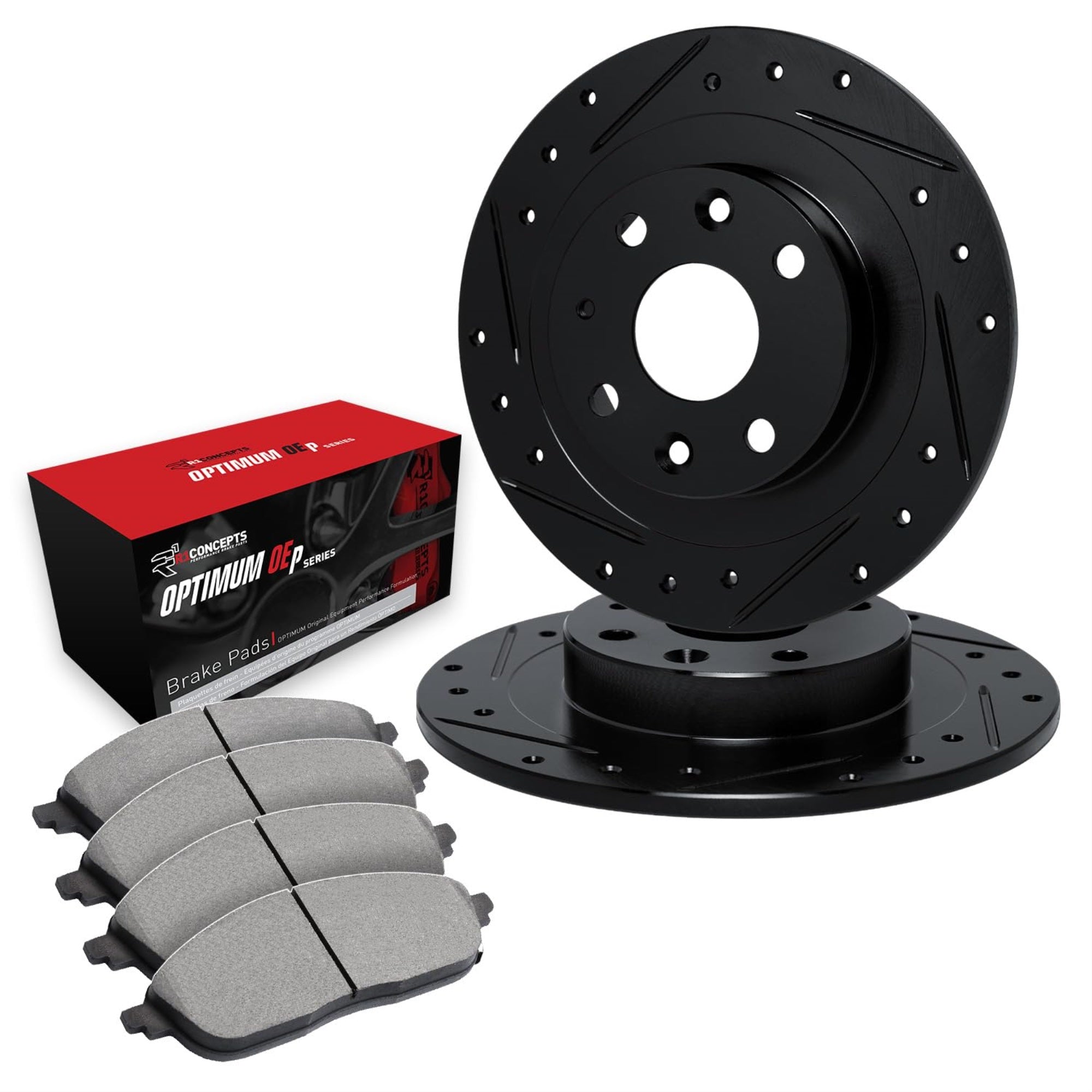 R1 Concepts Drilled And Slotted Black Disc Brake Rotor Set With Optimum Oe Pads Whun1-22004