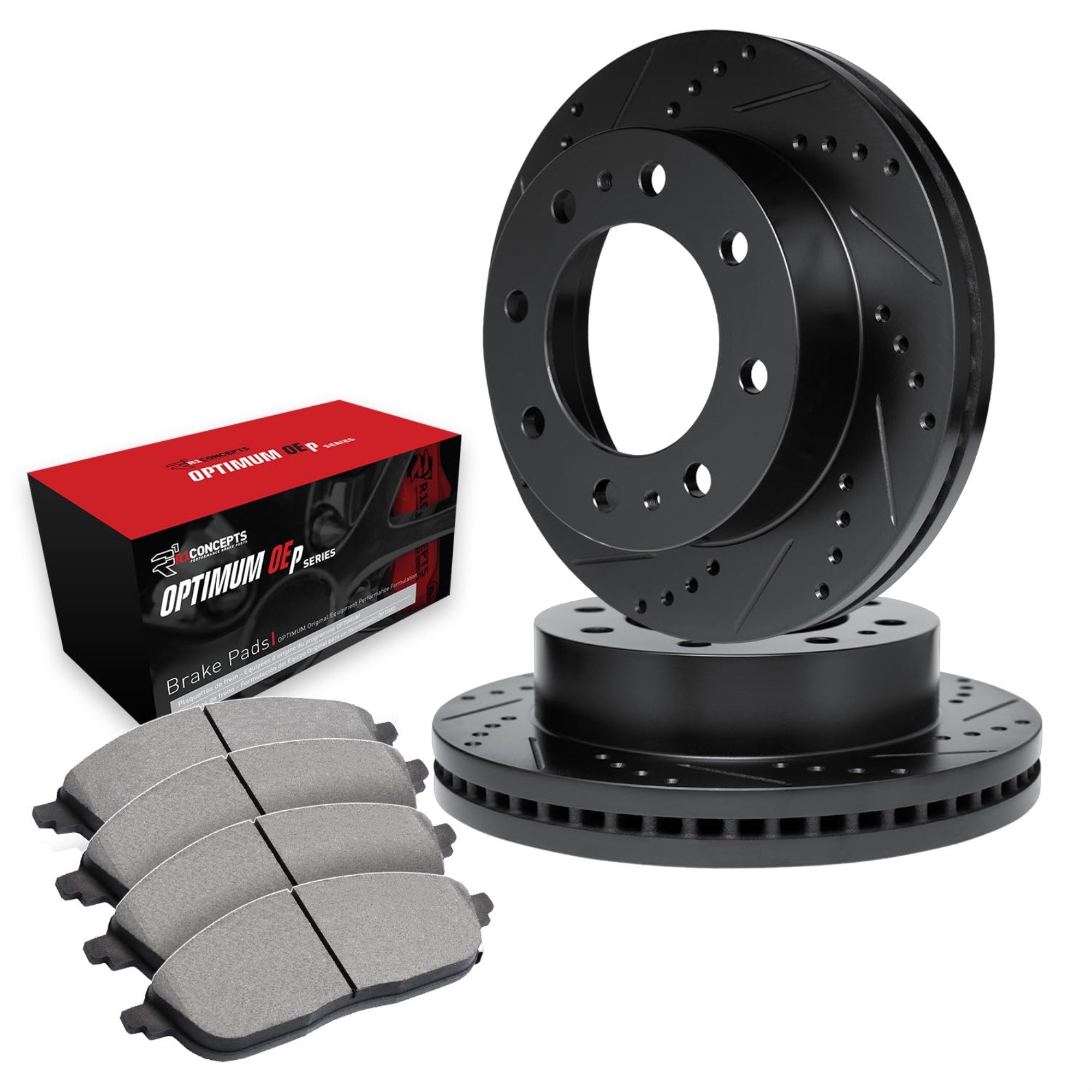R1 Concepts Drilled And Slotted Black Disc Brake Rotor Set With Optimum Oe Pads Whun1-48029