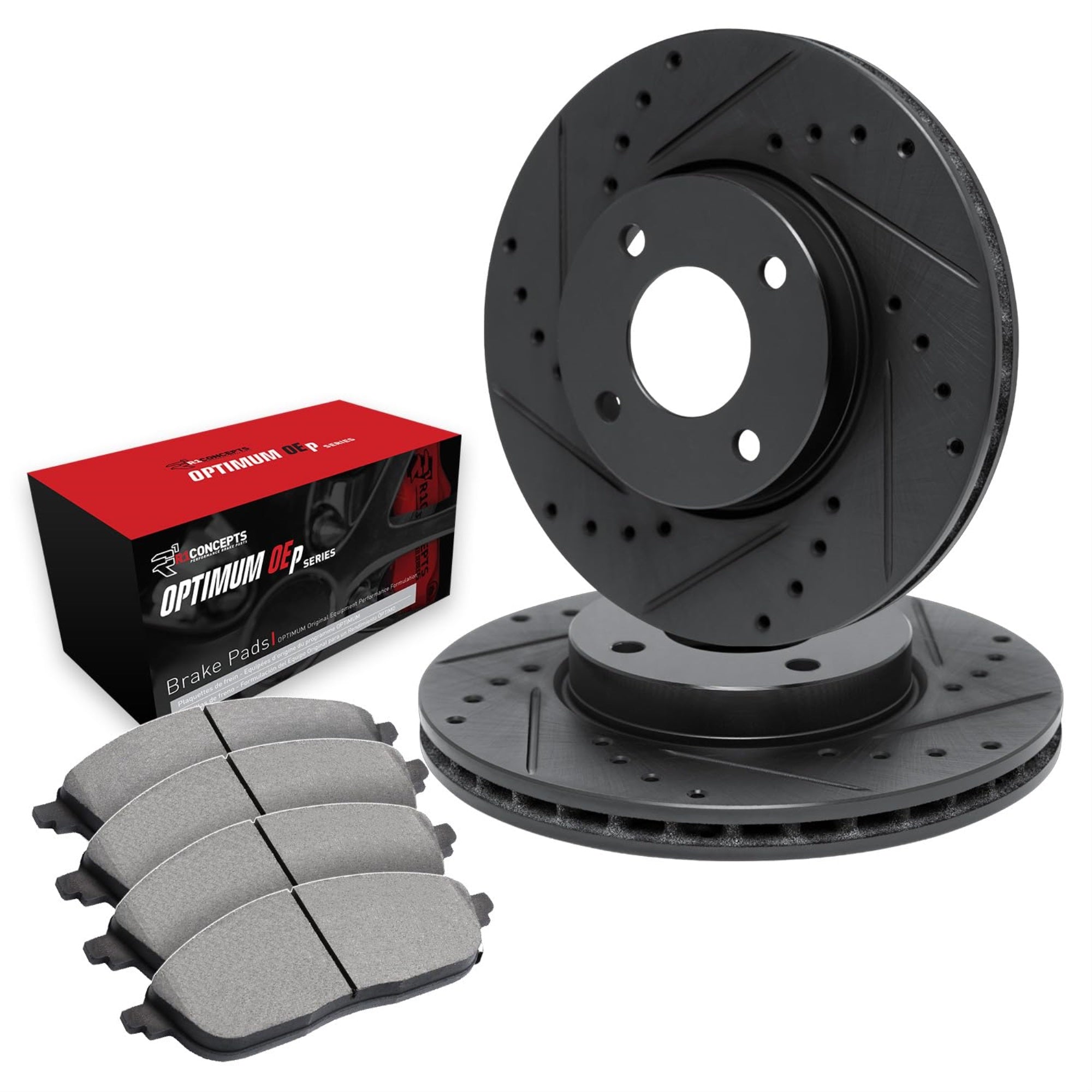 R1 Concepts Drilled And Slotted Black Disc Brake Rotor Set With Optimum Oe Pads Whun1-50007