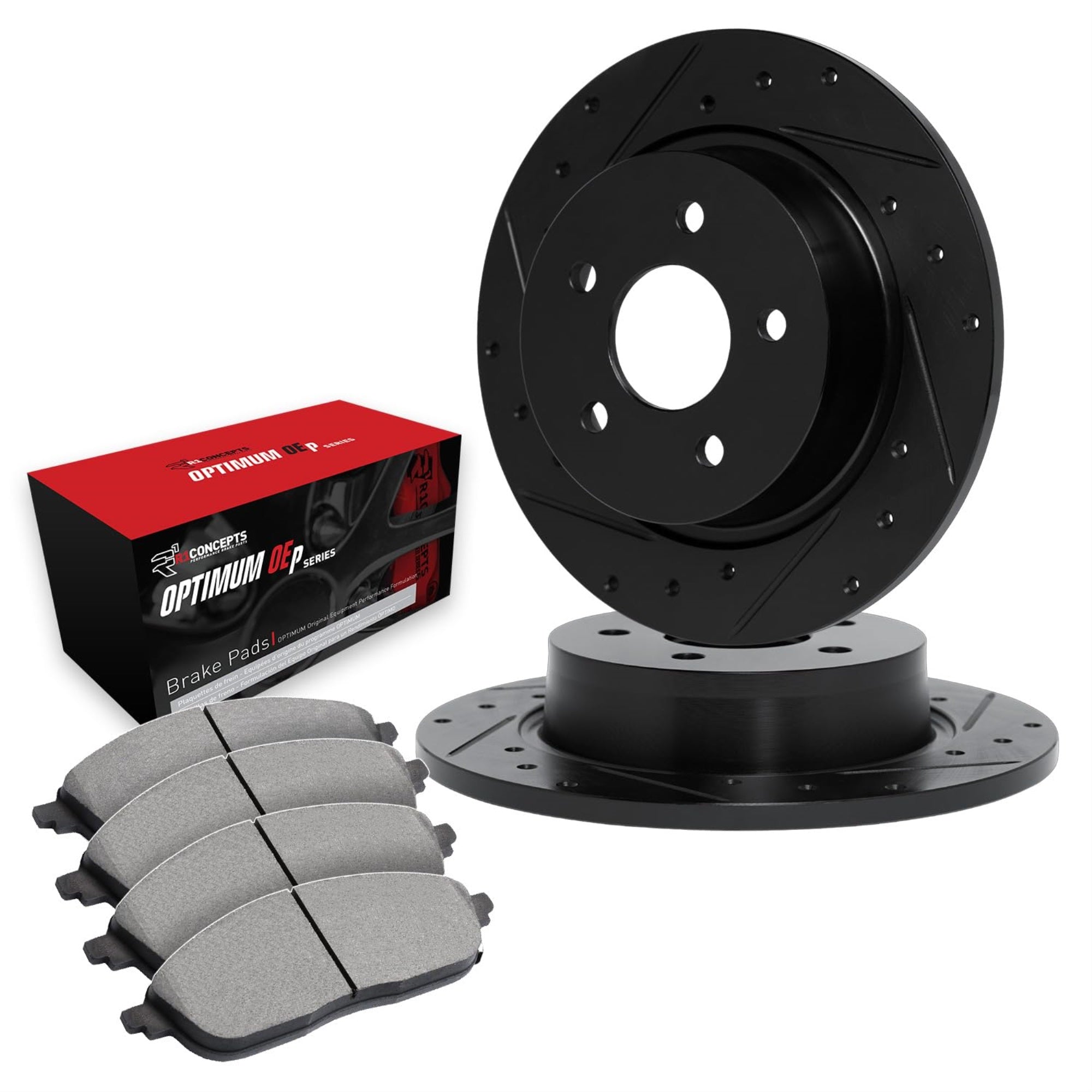 R1 Concepts Drilled And Slotted Black Disc Brake Rotor Set With Optimum Oe Pads Whun1-52051