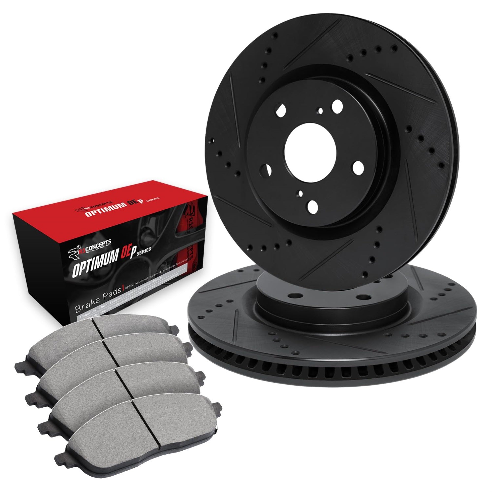 R1 Concepts Drilled And Slotted Black Disc Brake Rotor Set With Optimum Oe Pads Whun1-67005