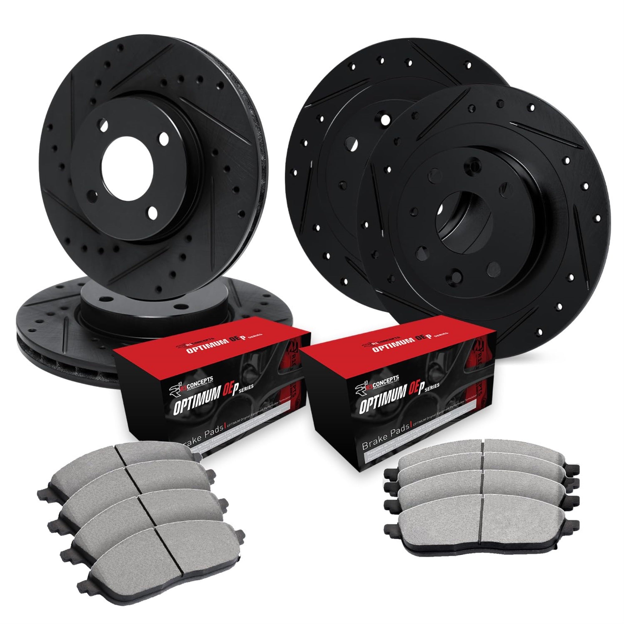 R1 Concepts Drilled and Slotted Black Disc Brake Rotor Set with Optimum OEp Pads