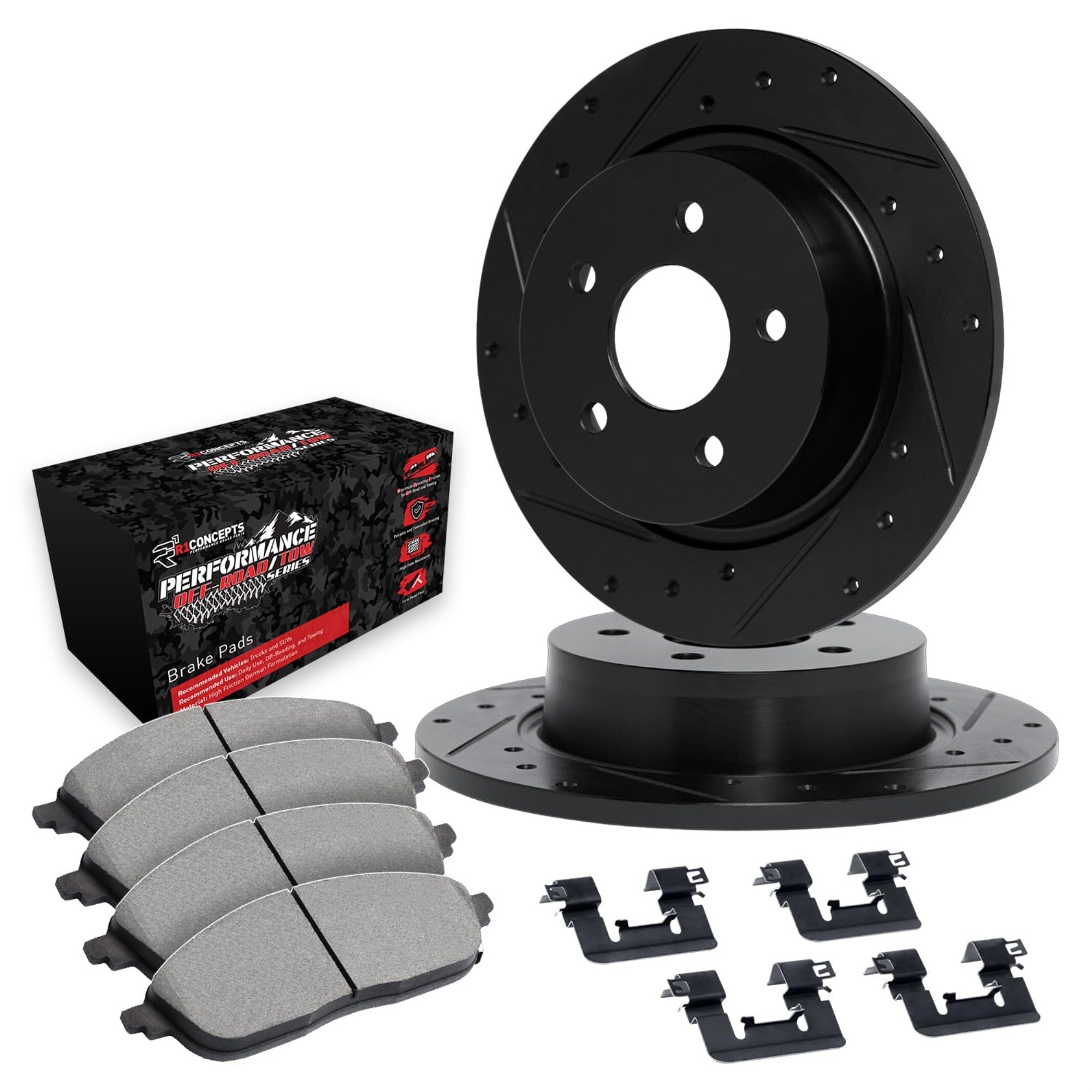 R1 Concepts Drilled And Slotted Black Disc Brake Rotor Set With Off-Road/Tow Brake Pads And Hardware Whvh1-54031