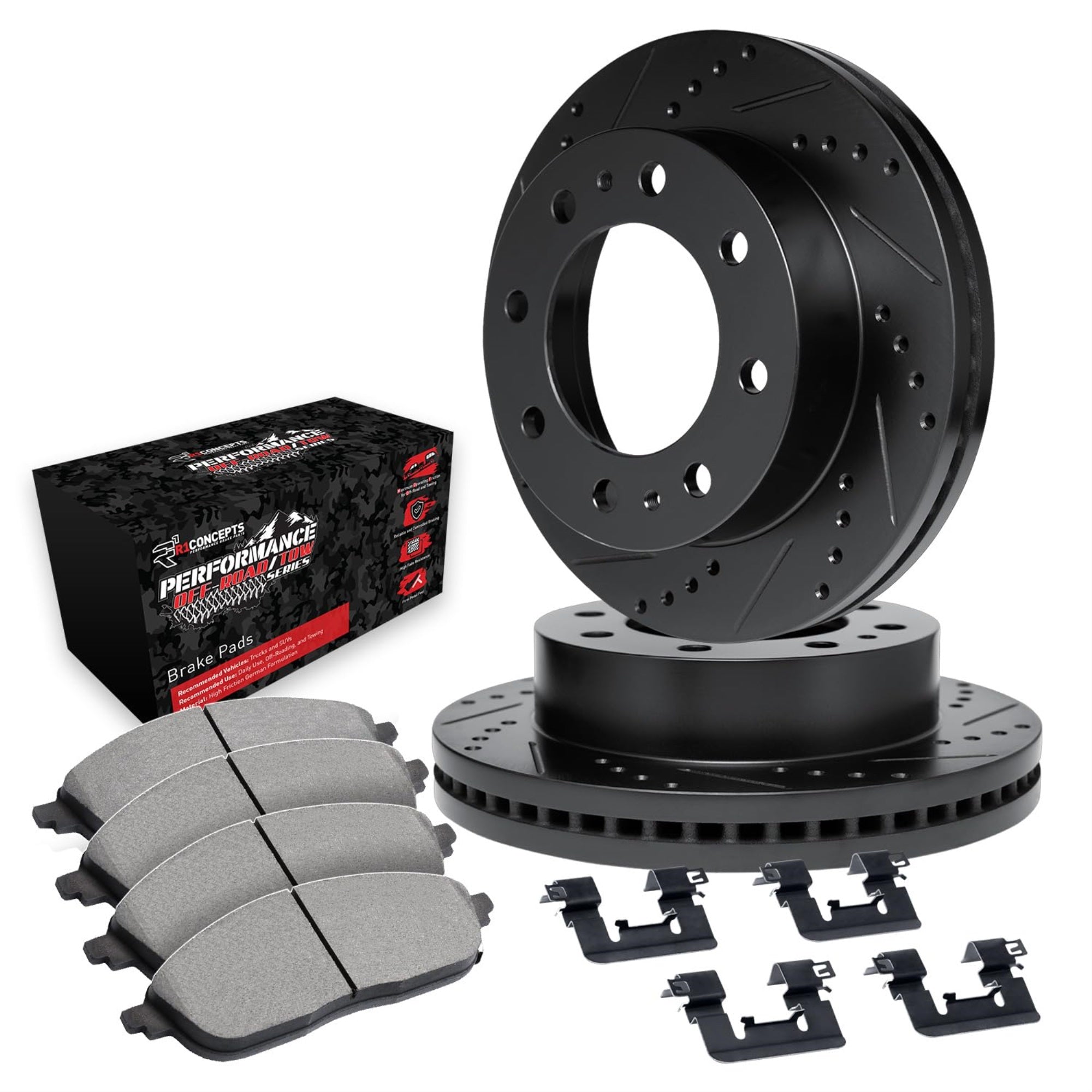 R1 Concepts Drilled And Slotted Black Disc Brake Rotor Set With Off-Road/Tow Brake Pads And Hardware Whvh1-54048