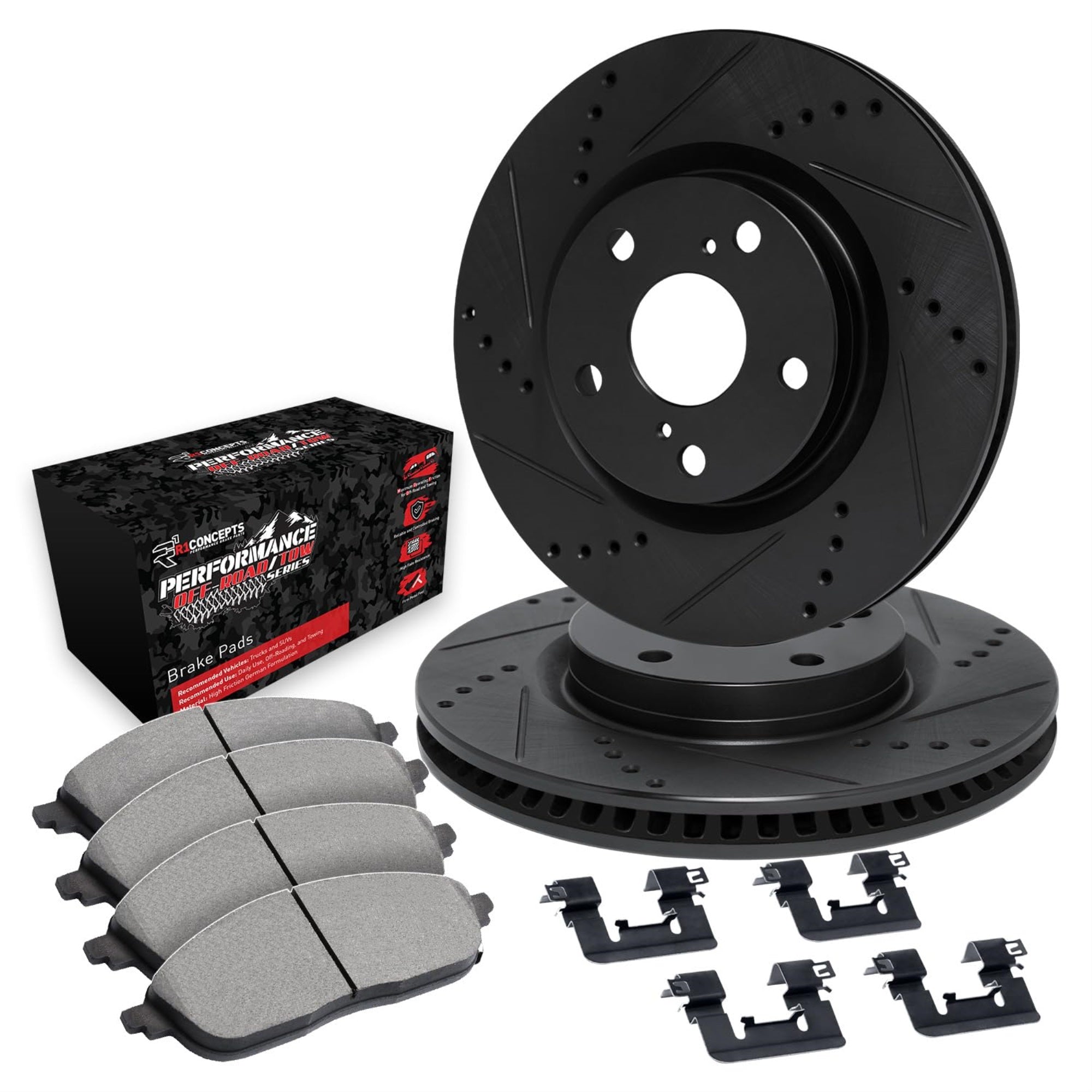 R1 Concepts Drilled And Slotted Black Disc Brake Rotor Set With Off-Road/Tow Brake Pads And Hardware Whvh1-54067