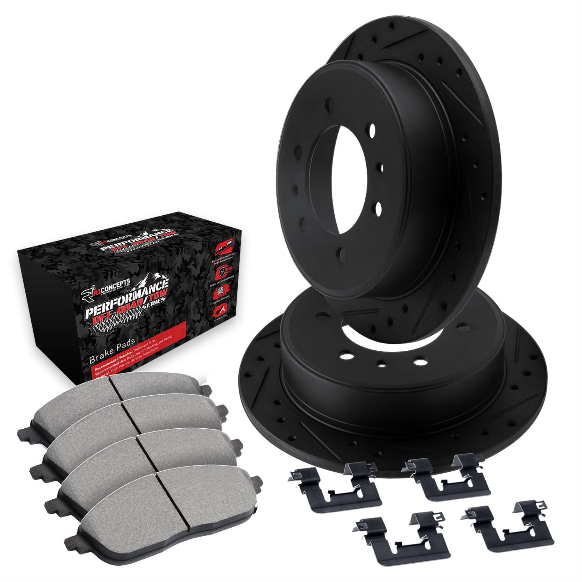 R1 Concepts Drilled And Slotted Black Disc Brake Rotor Set With Off-Road/Tow Brake Pads And Hardware Whvh1-67001