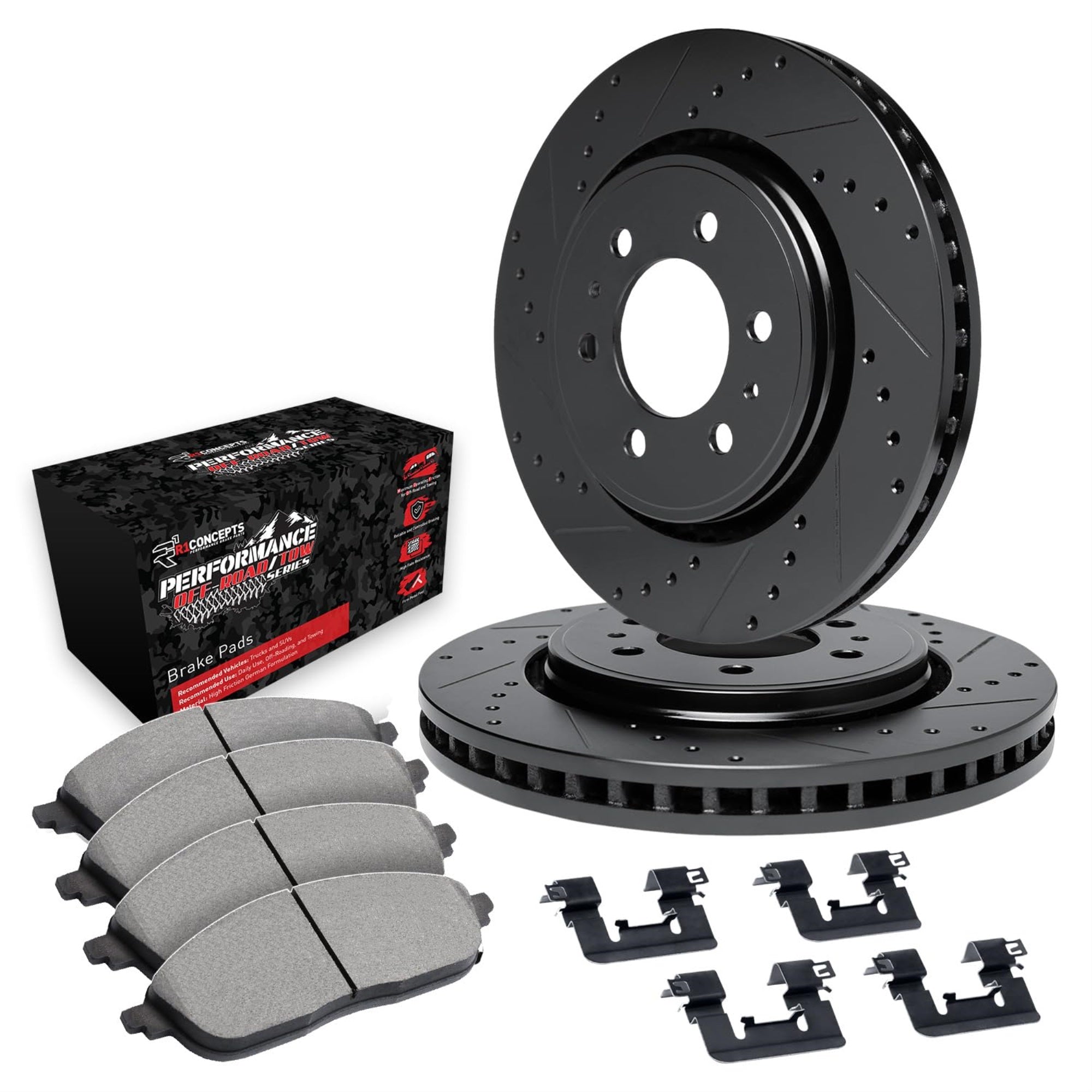R1 Concepts Drilled And Slotted Black Disc Brake Rotor Set With Off-Road/Tow Brake Pads And Hardware Whvh1-76023