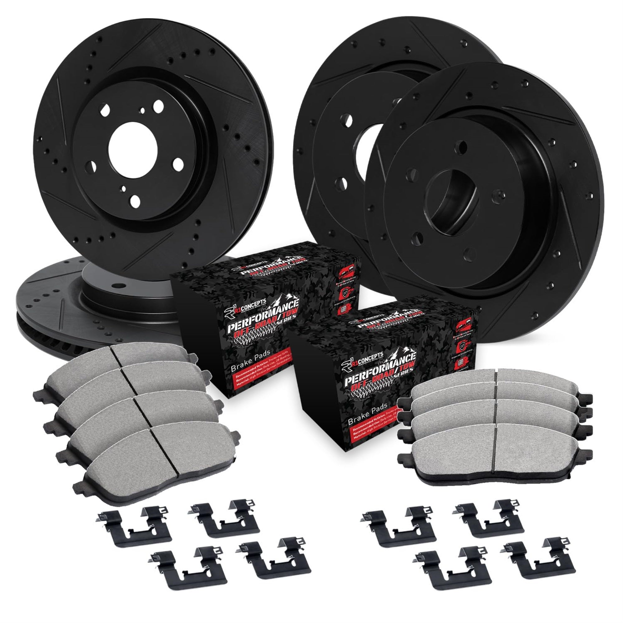 R1 Concepts Drilled And Slotted Black Disc Brake Rotor Set With Off-Road/Tow Brake Pads And Hardware Whvh2-42014