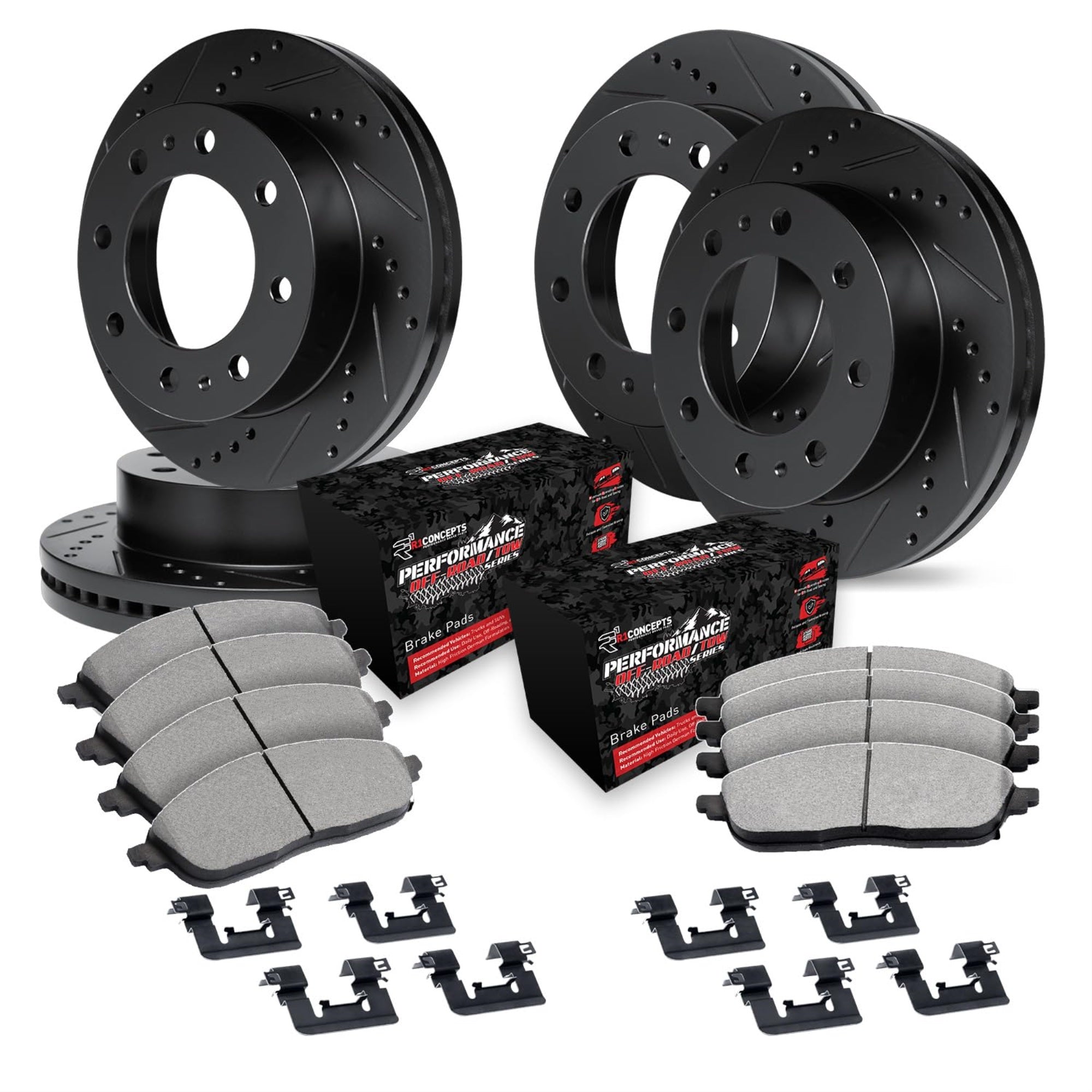 R1 Concepts Drilled And Slotted Black Disc Brake Rotor Set With Off-Road/Tow Brake Pads And Hardware Whvh2-48022