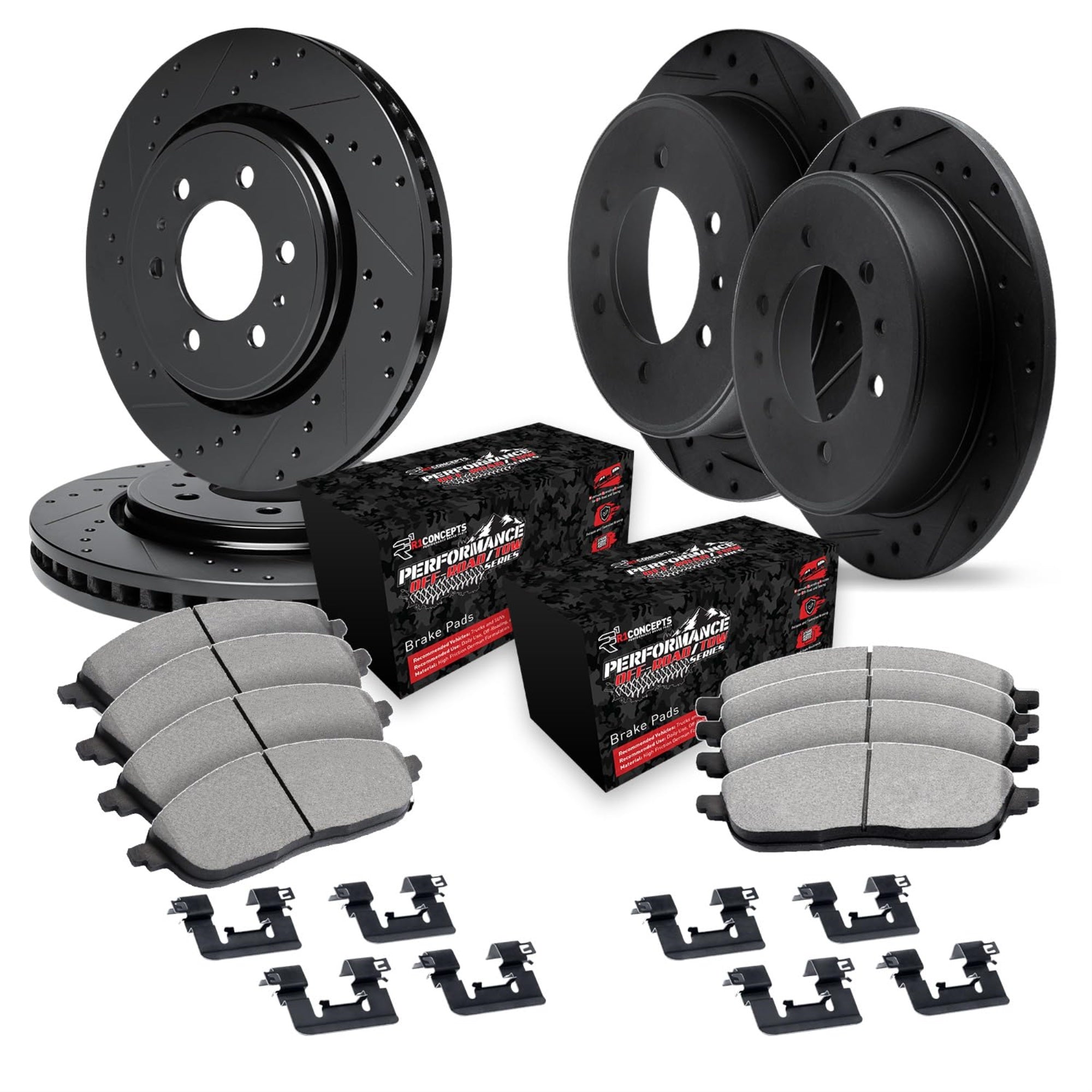R1 Concepts Drilled And Slotted Black Disc Brake Rotor Set With Off-Road/Tow Brake Pads And Hardware Whvh2-67004