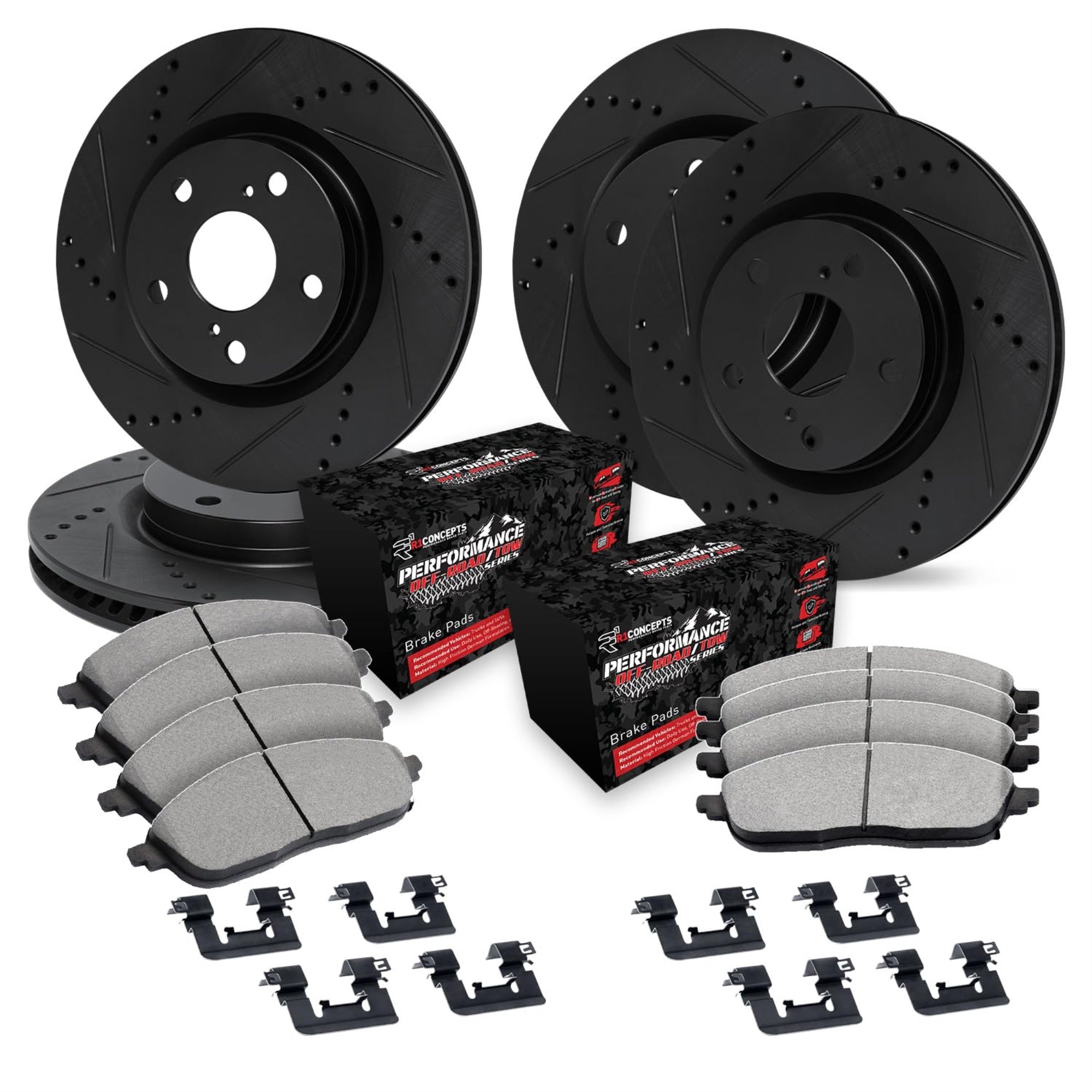 R1 Concepts Drilled And Slotted Black Disc Brake Rotor Set With Off-Road/Tow Brake Pads And Hardware Whvh2-76006