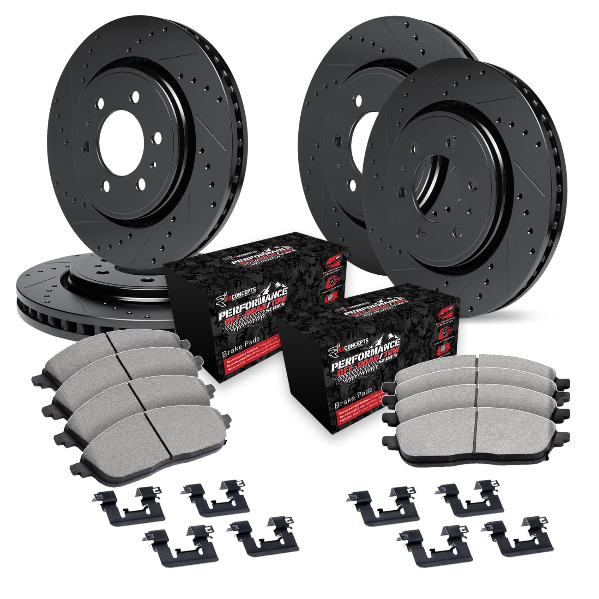 R1 Concepts Drilled and Slotted Black Disc Brake Rotor Set with Off-Road/Tow Brake Pads and Hardware WHVH2-76008