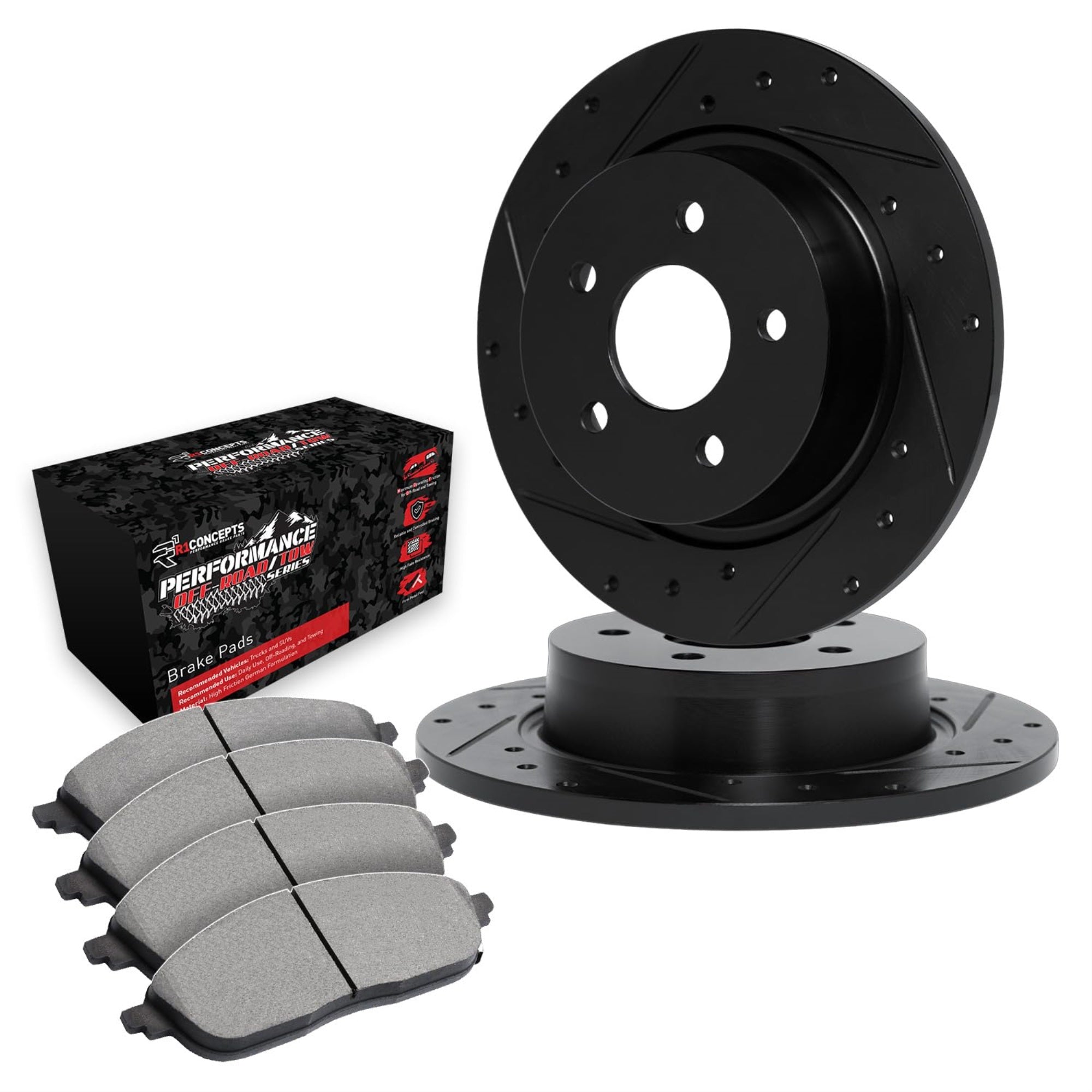 R1 Concepts Drilled And Slotted Black Disc Brake Rotor Set With Off-Road/Tow Brake Pads Whvn1-54065