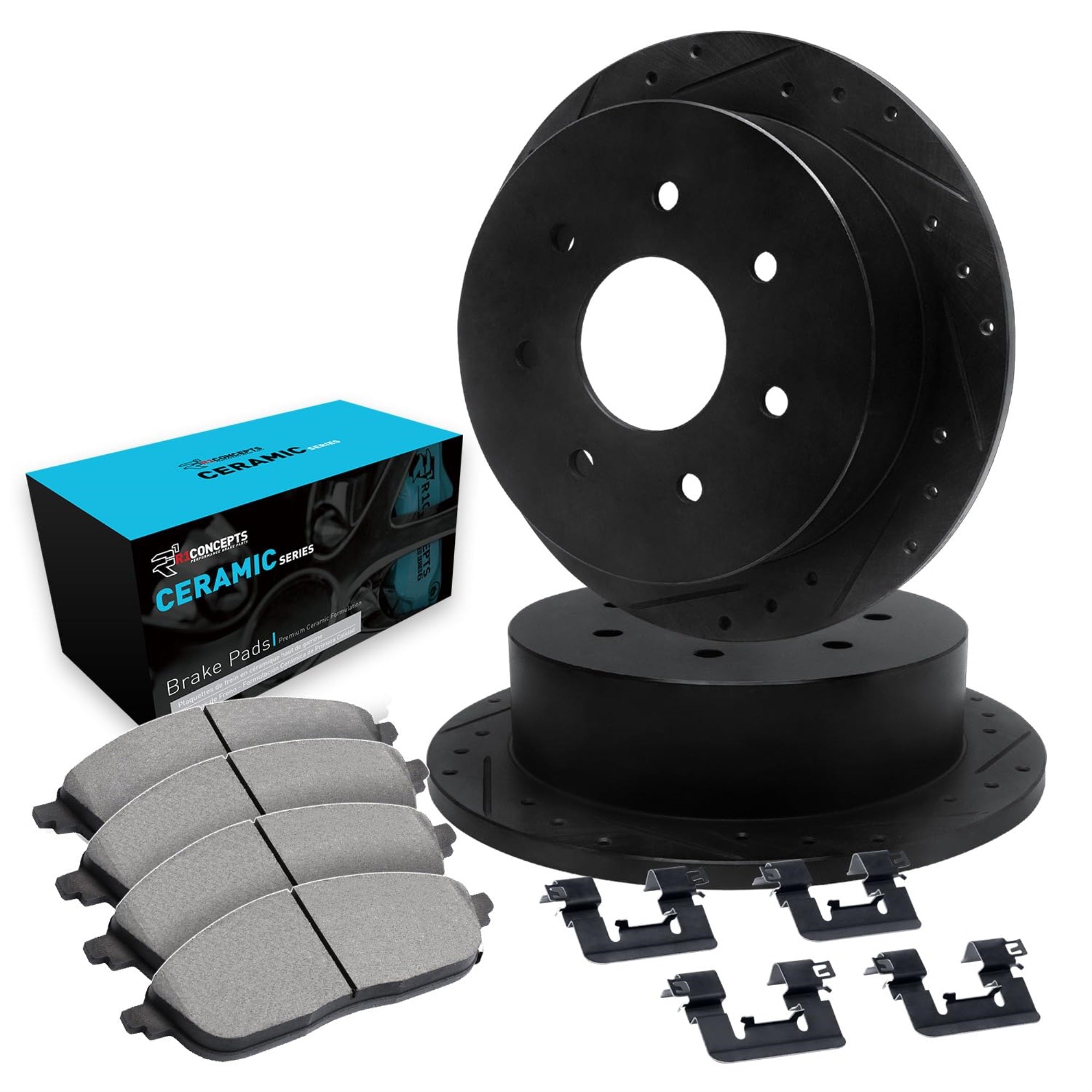 R1 Concepts Drilled And Slotted Black Disc Brake Rotor Set With Ceramic Pads And Hardware Whwh1-54121