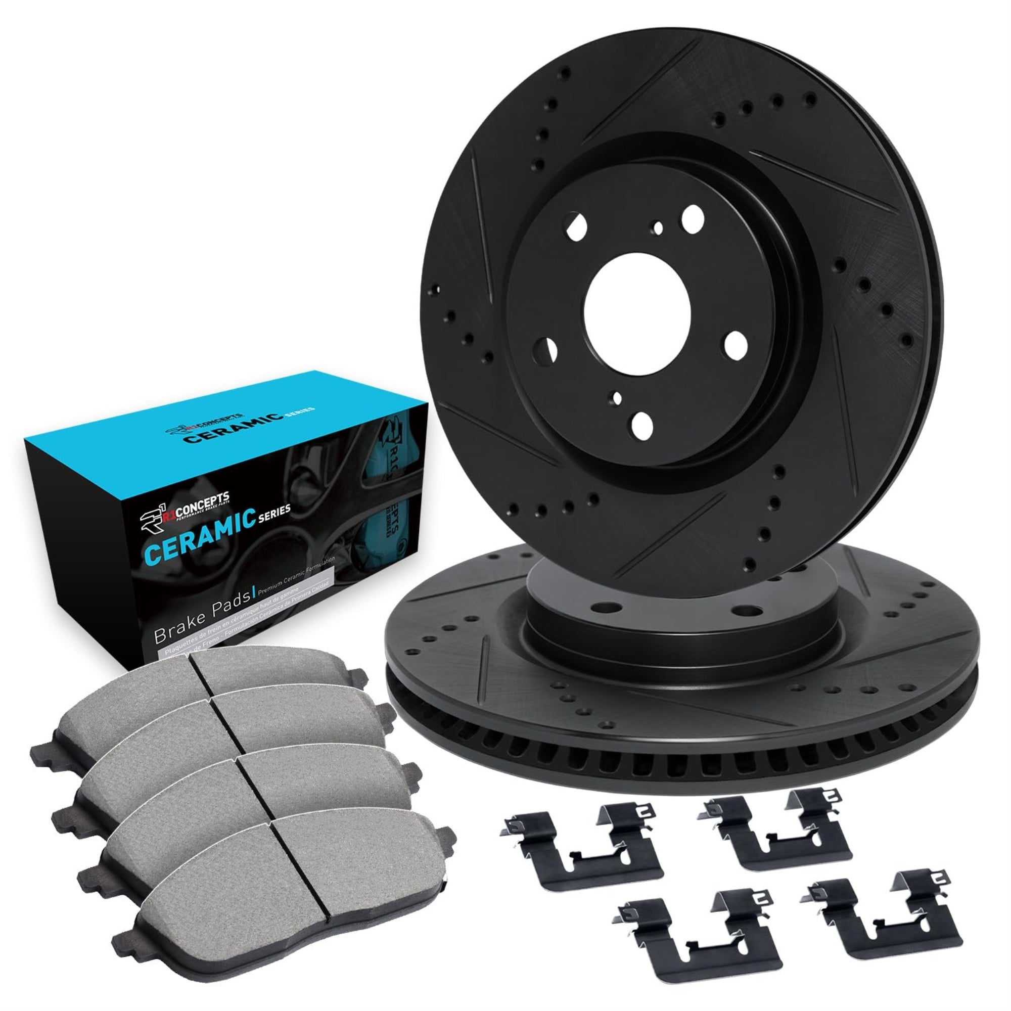 R1 Concepts Drilled and Slotted Black Disc Brake Rotor Set with Ceramic Pads and Hardware WHWH1-54166
