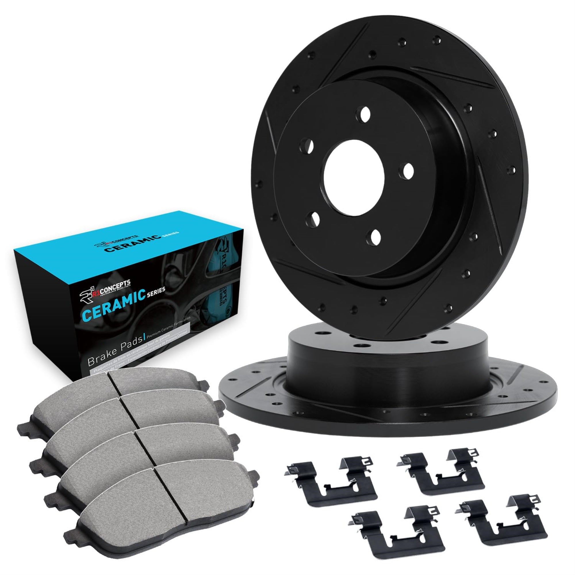 R1 Concepts Drilled and Slotted Black Disc Brake Rotor Set with Ceramic Pads and Hardware WHWH1-59063