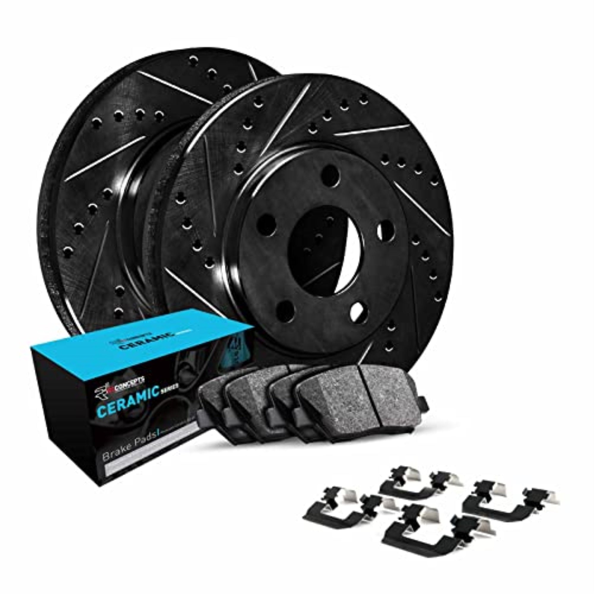 R1 Concepts Drilled And Slotted Black Disc Brake Rotor Set With Ceramic Pads And Hardware Whwh1-59103