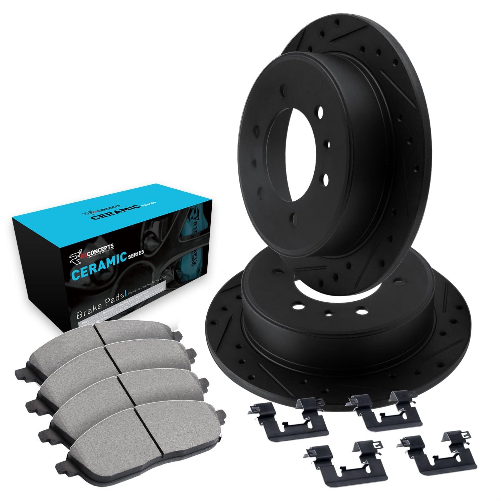 R1 Concepts Drilled and Slotted Black Disc Brake Rotor Set with Ceramic Pads and Hardware WHWH1-72056