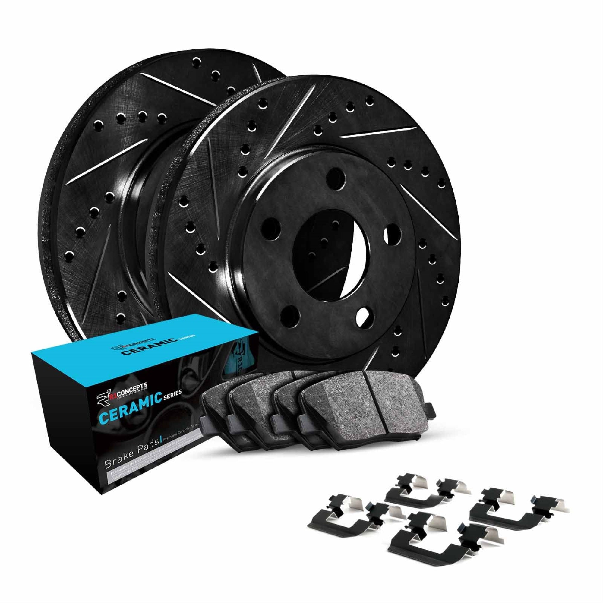 R1 Concepts Drilled and Slotted Black Disc Brake Rotor Set with Ceramic Pads and Hardware WHWH1-74083