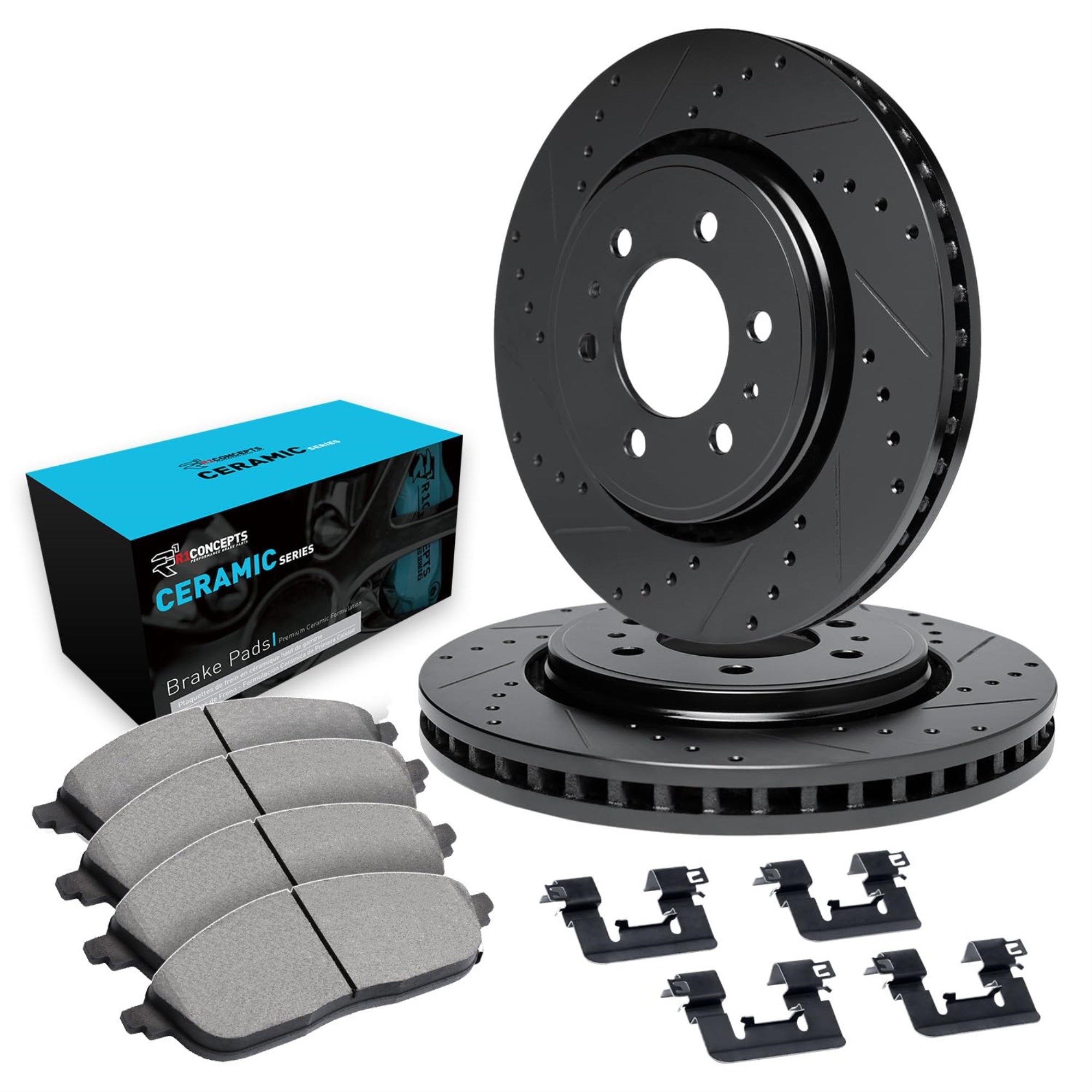 R1 Concepts Drilled and Slotted Black Disc Brake Rotor Set with Ceramic Pads and Hardware WHWH1-76076