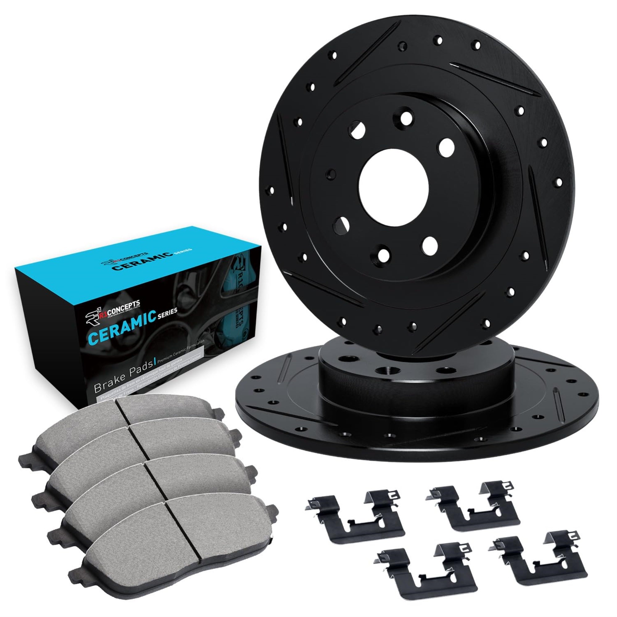R1 Concepts Drilled and Slotted Black Disc Brake Rotor Set with Ceramic Pads and Hardware WHWH1-80004