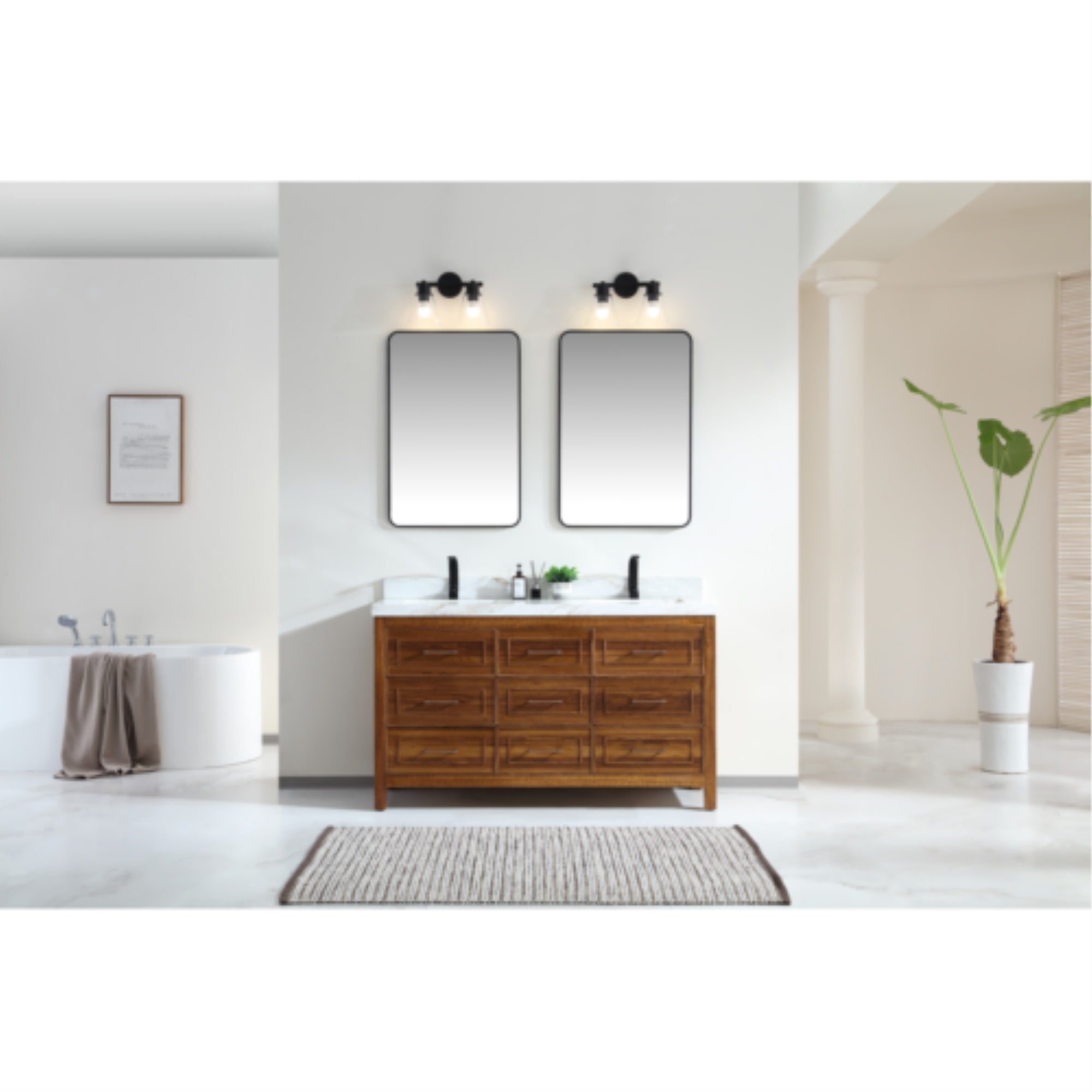 60 EBONY DOUBLE SINK VANITY LIGHT FINISH WITH WK-60D TOP 2??THICK WHITE NATURAL TOP
