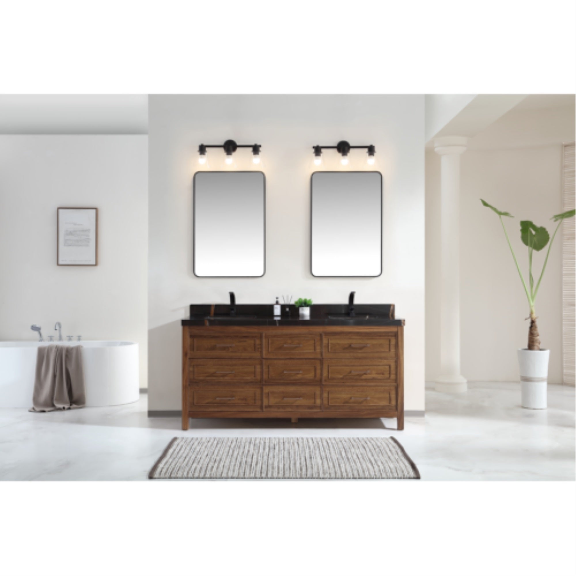 72 EBONY DOUBLE SINK VANITY LIGHT FINISH WITH WK-72 TOP 2??THICK BLACK NATURAL TOP