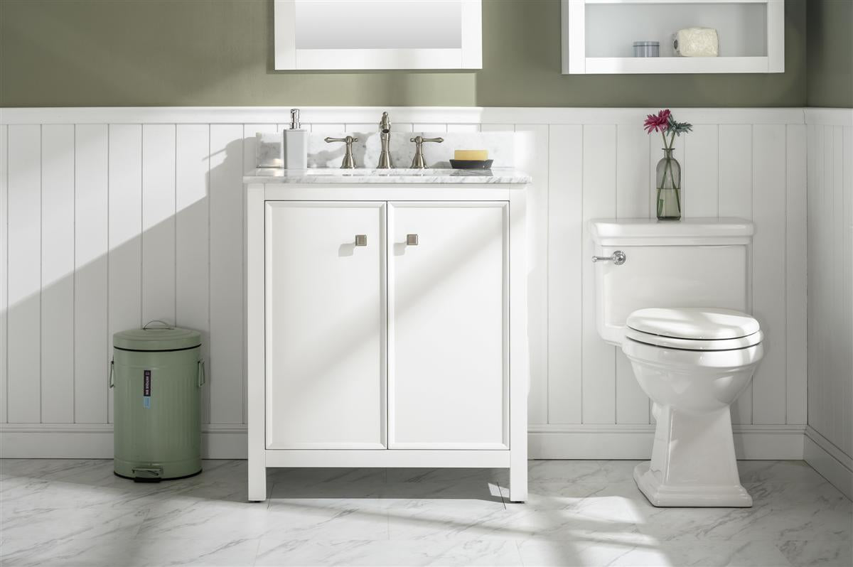 30 White Finish Sink Vanity Cabinet With Carrara White Top