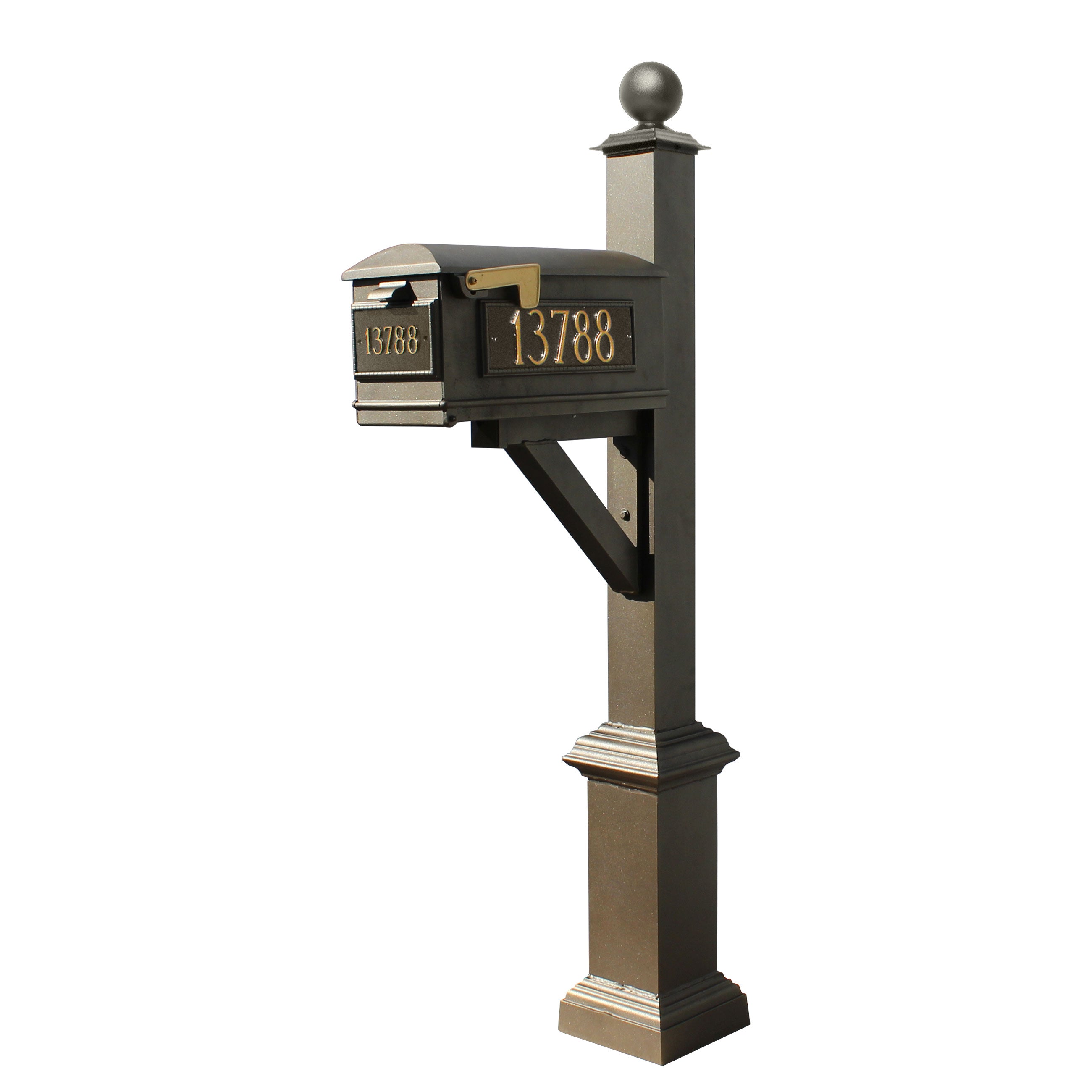 Westhaven System With Lewiston Mailbox, (3 Cast Plates) Square Base & Large Ball Finial In (Bronze)