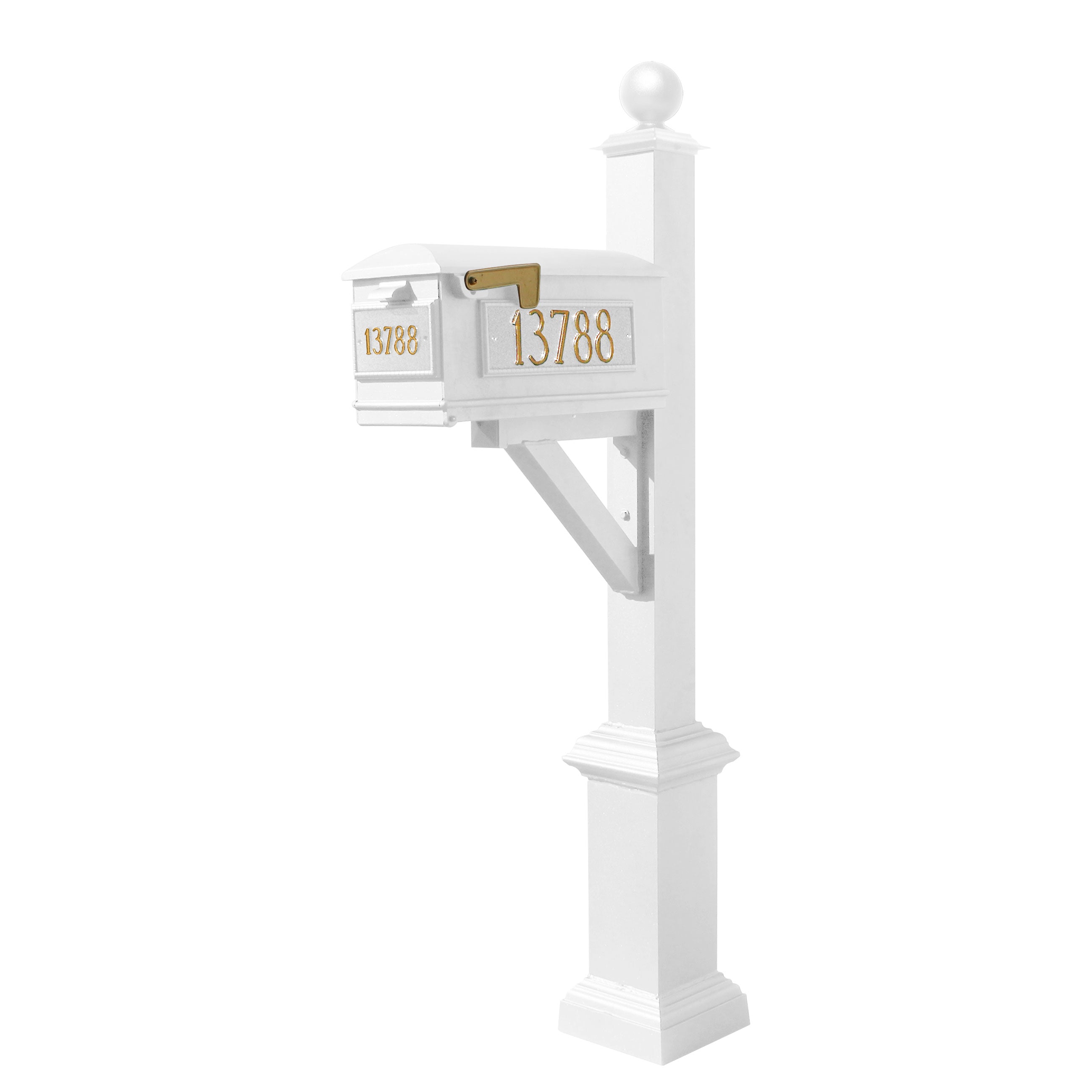 Westhaven System With Lewiston Mailbox, (3 Cast Plates) Square Base & Large Ball Finial In (White)
