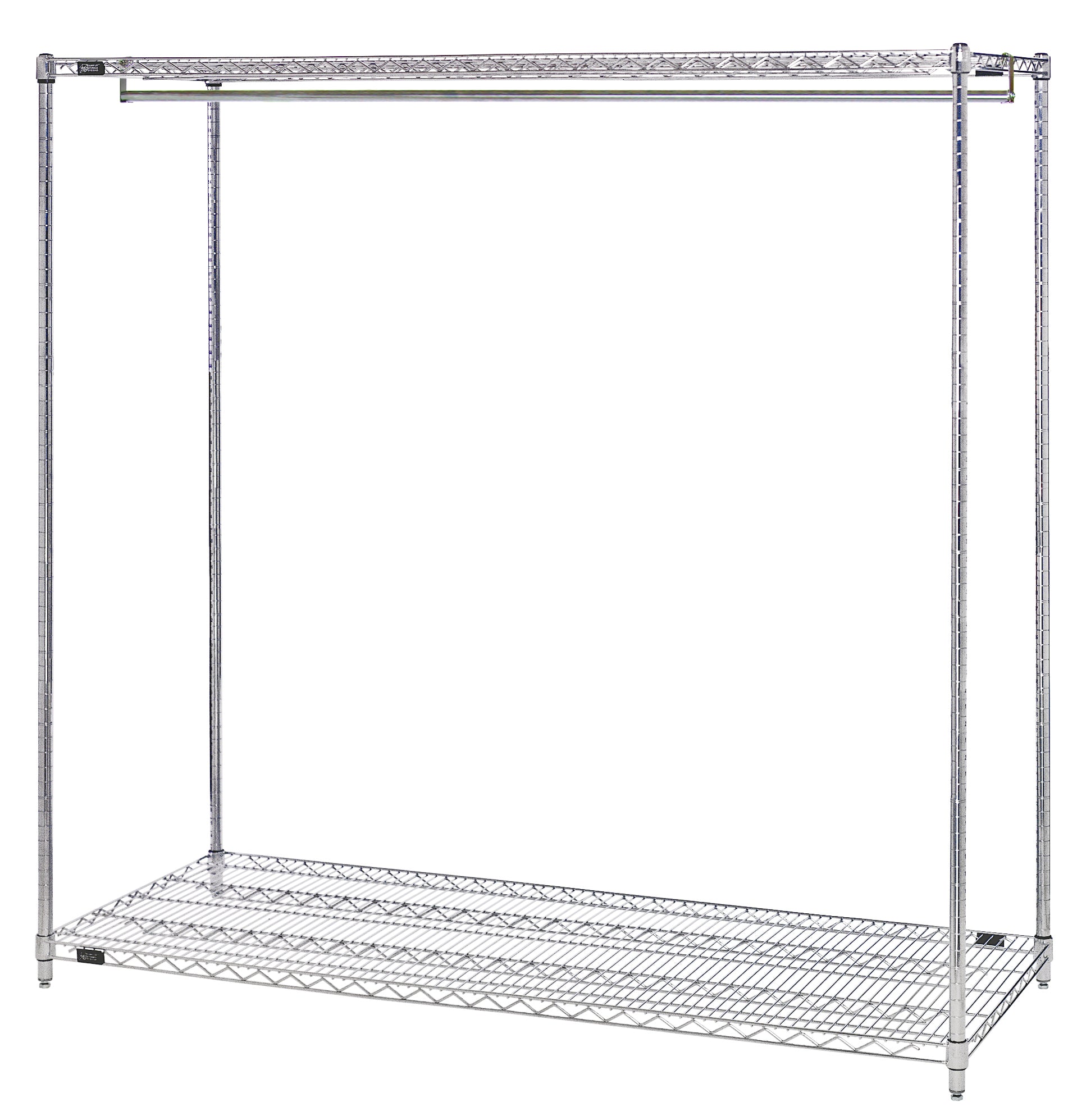 Wire Garment Rack, 60"W x 24"D x 86"H, 600 - 800 lb. capacity, includes (2) wire shelves, (1) hang bar, and (4) posts, chrome plated finish, NSF, shipped KD