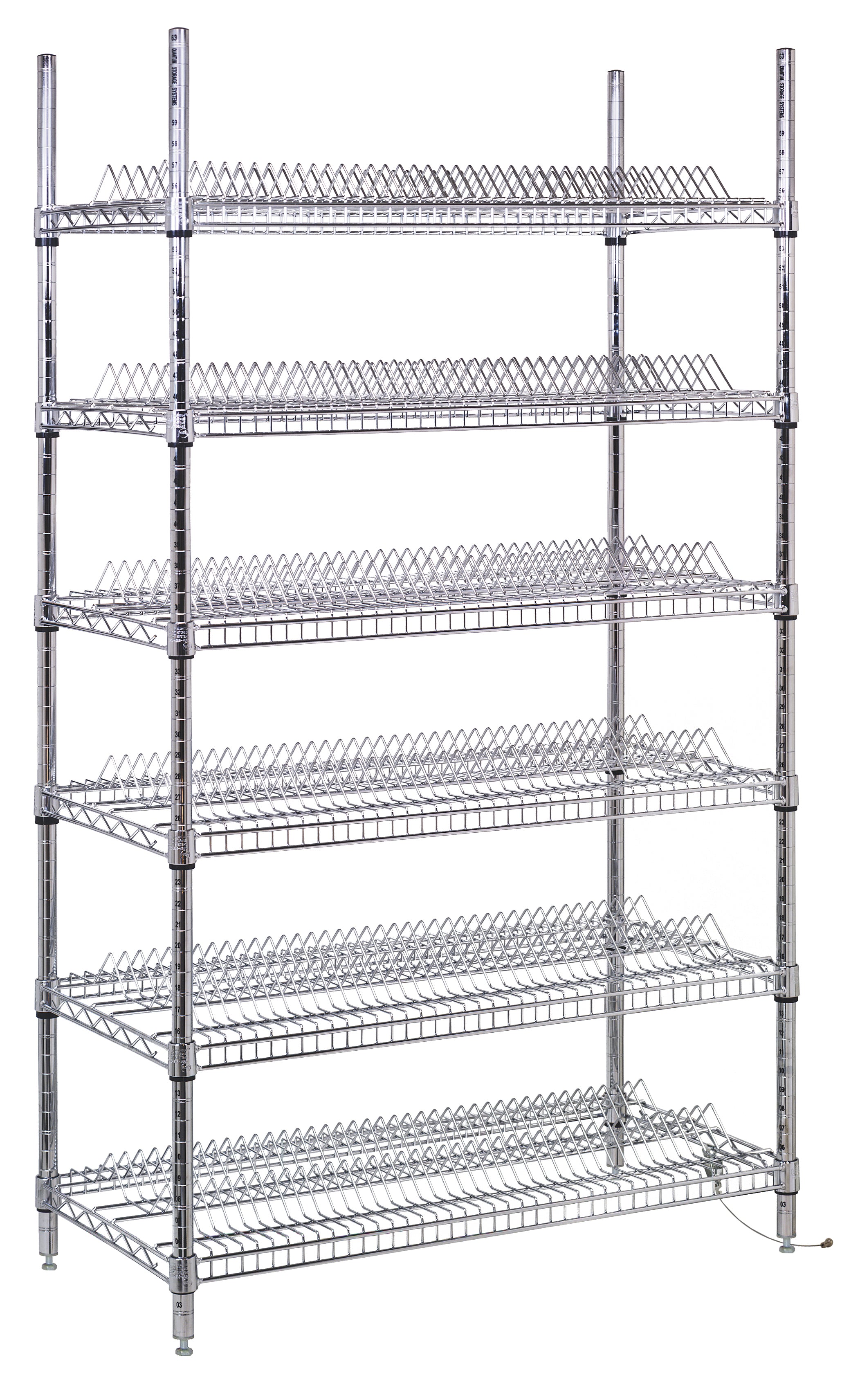 Reel Shelving Unit, 36"W x 18"D x 69"H, 400 lb. load capacity per shelf, hold (468) reels, includes: (4) posts, (6) 78-reel wire shelves (1836R40C), (6) conductive split sleeves, and (1) drag chain, chrome plated finish, NSF