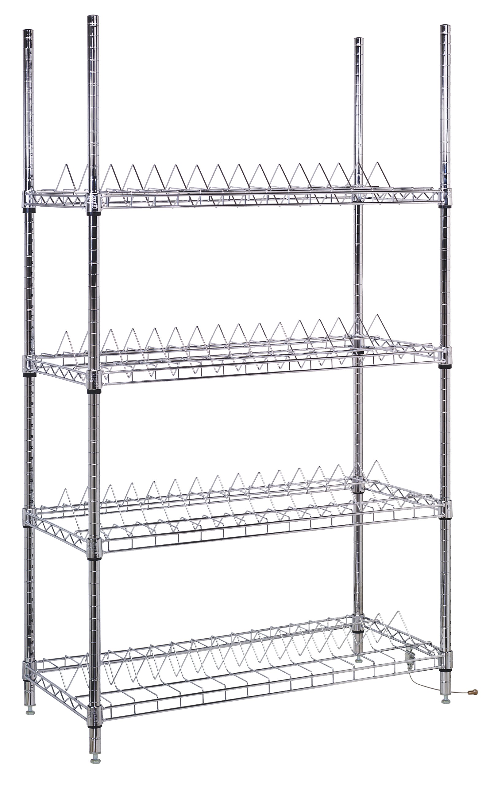 Reel Shelving Unit, 36"W x 18"D x 69"H, 400 lb. load capacity per shelf, hold (60) reels, includes: (4) posts, (4) 15-reel wire shelves (1836R16C), (4) conductive split sleeves, and (1) drag chain, chrome plated finish, NSF