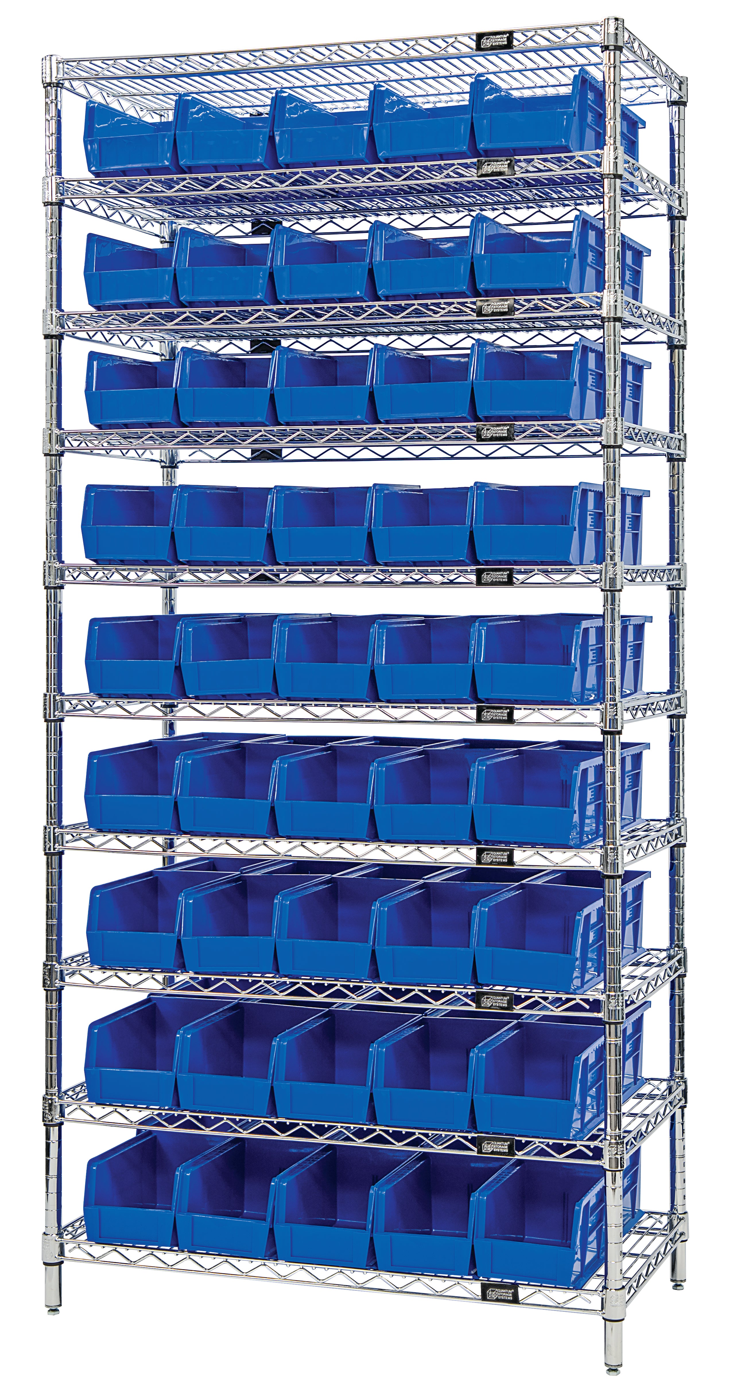 Bin Wire Shelving System, 36"W x 18"D x 74"H overall size, 800 lb. capacity per shelf, includes: (10) wire shelves, (4) posts, and (90) QUS210 ivory bins, chrome plated finish