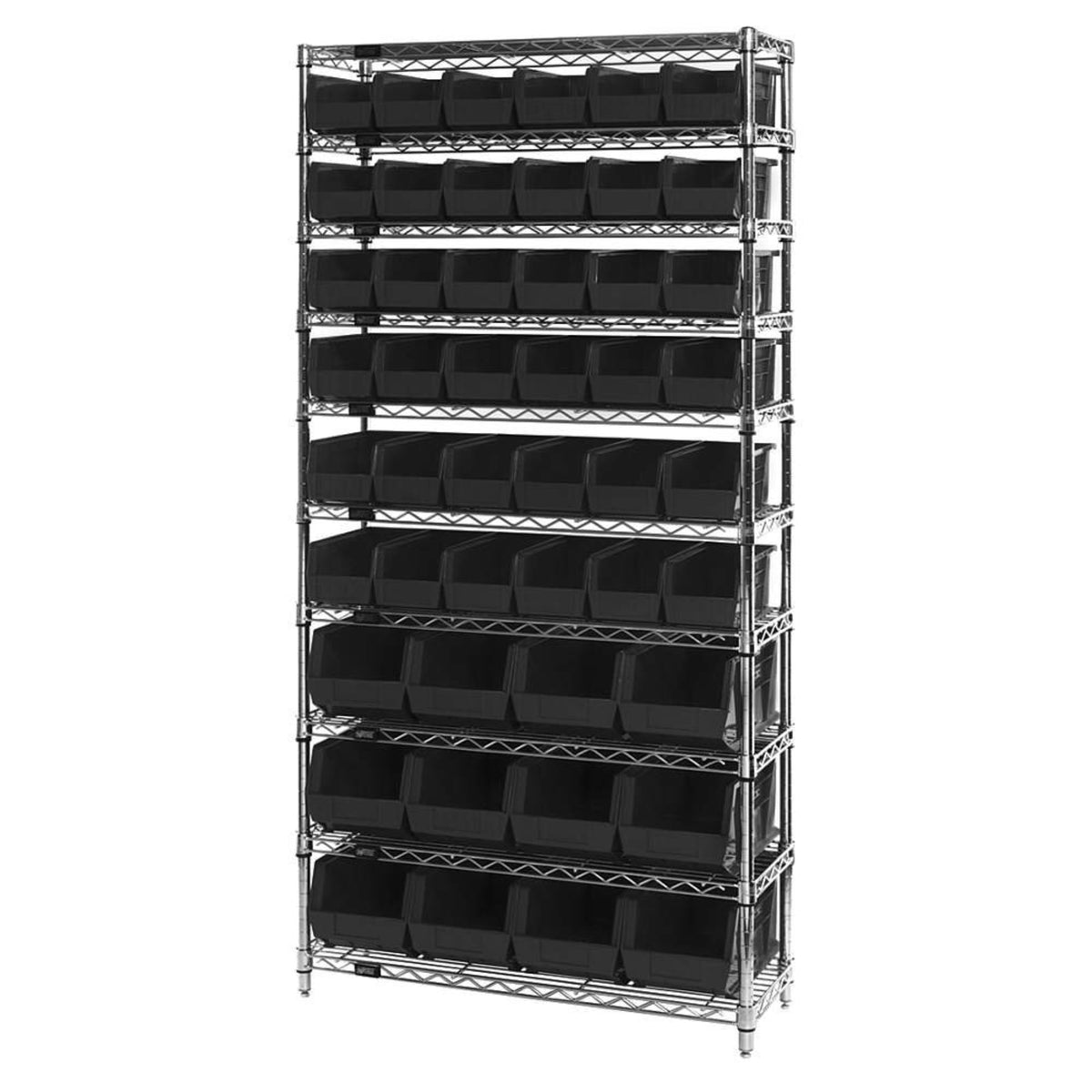 Bin System Unit, Stationary, Includes: (4) 74H Posts, (10) 36W X 14D Wire Shelves, (36) Qus230 And (12) Qus240 Black Bins, Chrom