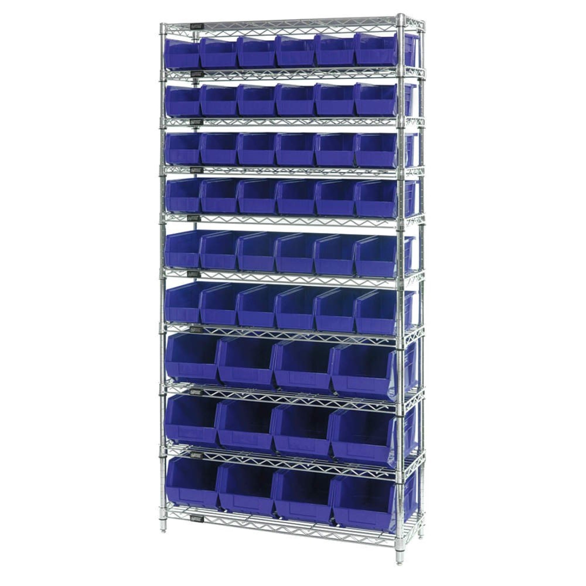 Bin System Unit, Stationary, Includes: (4) 74H Posts, (10) 36W X 14D Wire Shelves, (36) Qus230 And (12) Qus240 Blue Bins, Chrome