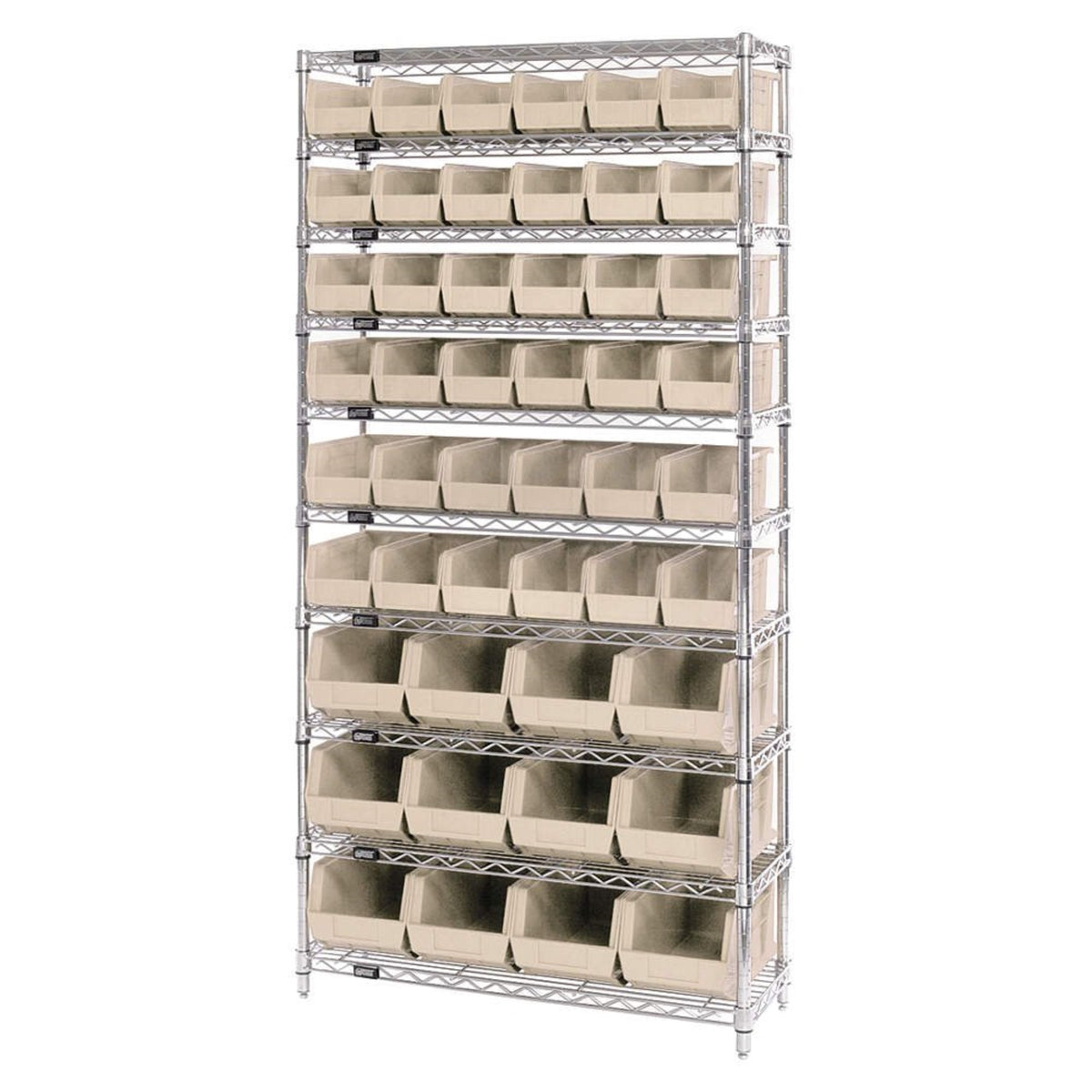 Bin System Unit, Stationary, Includes: (4) 74H Posts, (10) 36W X 14D Wire Shelves, (36) Qus230 And (12) Qus240 Ivory Bins, Chrom