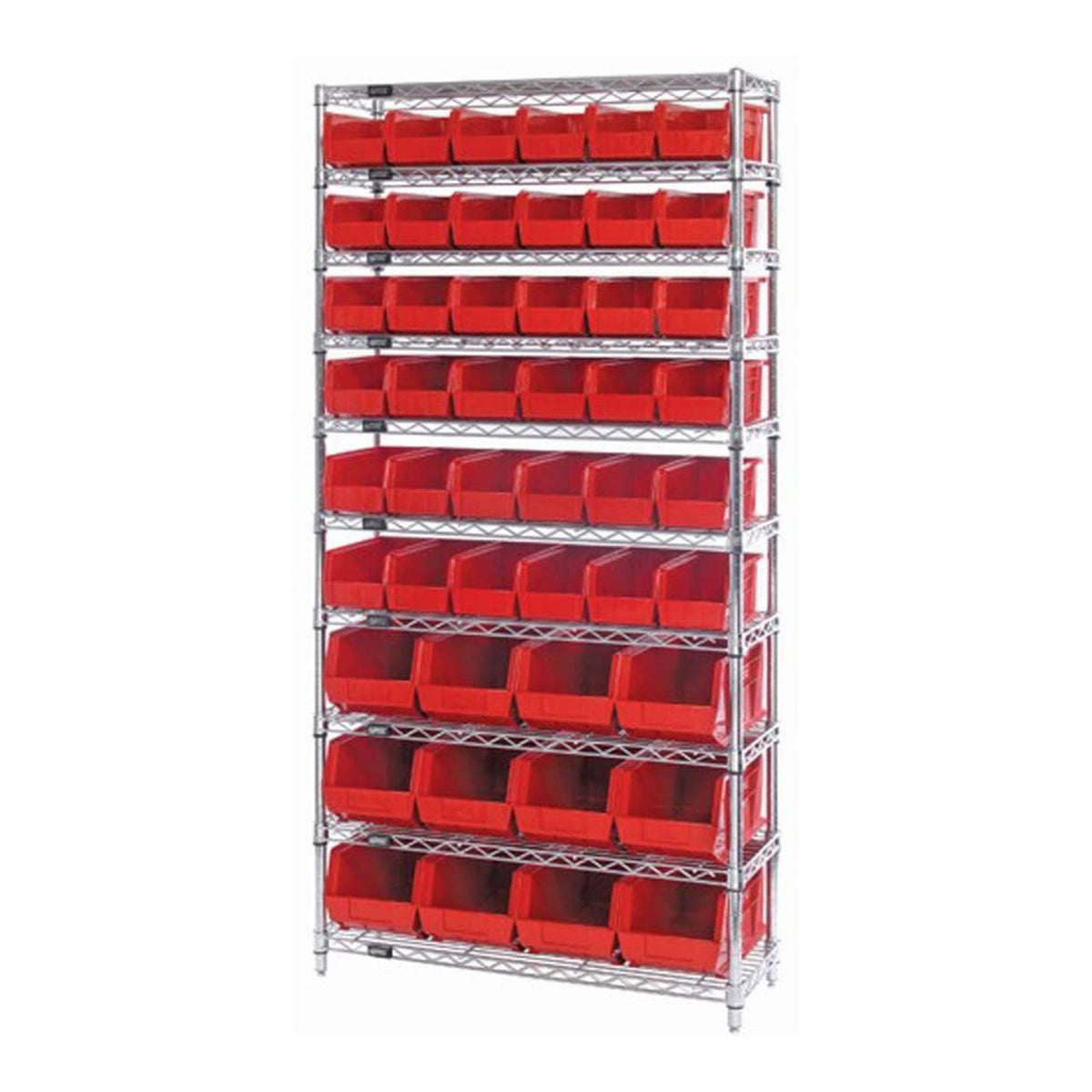 Bin System Unit, Stationary, Includes: (4) 74H Posts, (10) 36W X 14D Wire Shelves, (36) Qus230 And (12) Qus240 Red Bins, Chrome