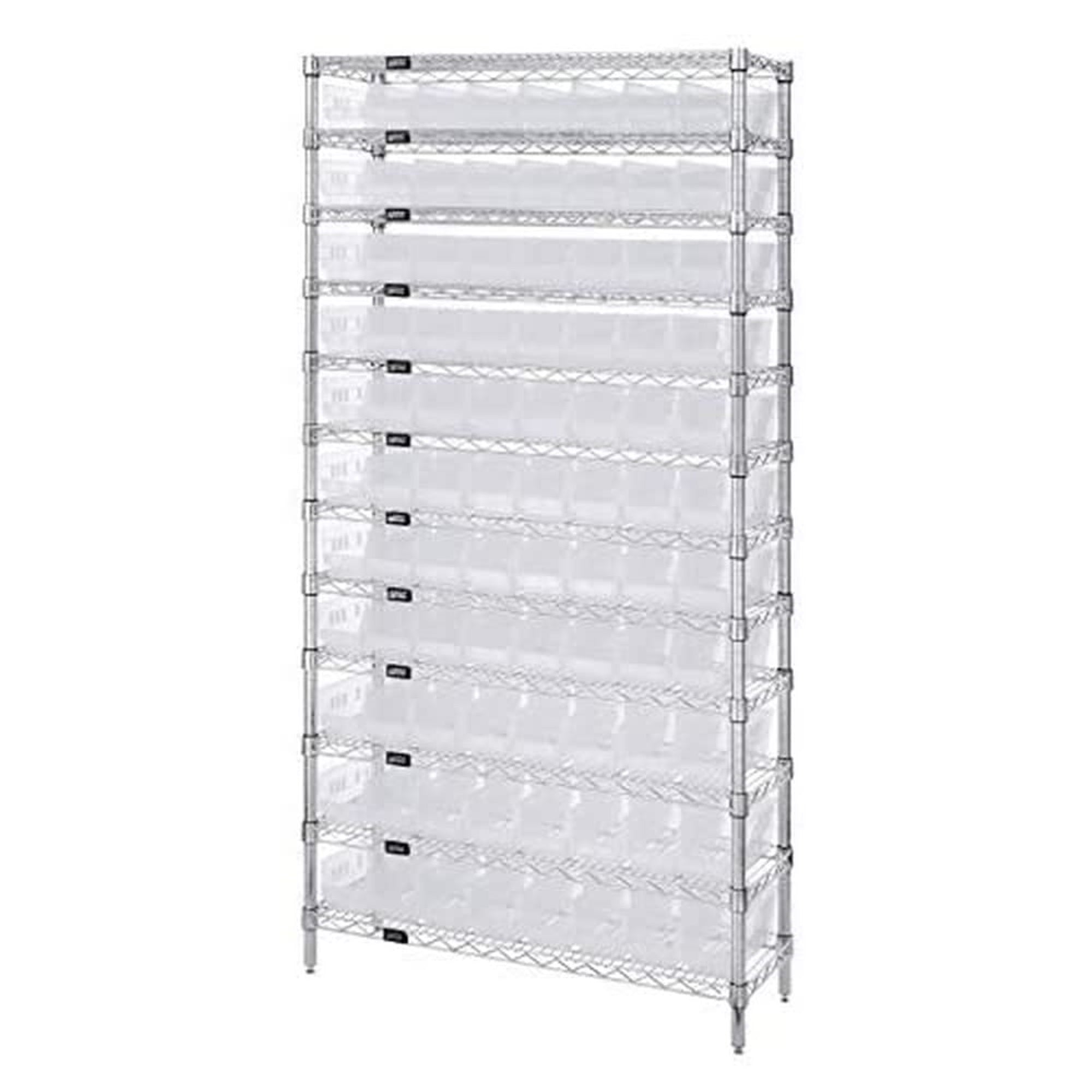 Bin Wire Shelving System, 36W X 18D X 74H Overall Size, 800 Lb. Capacity Per Shelf, Includes: (12) Wire Shelves, (4) Posts, And