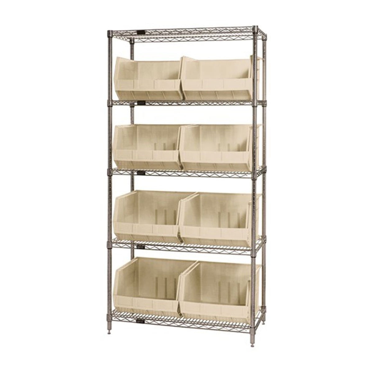 Bin Wire Shelving System, 42L X 18W X 74H, 800 Lbs Capacity Per Shelf, Includes: (5) Shelves And (8) Qus270 Ivory Bins, Chrome P