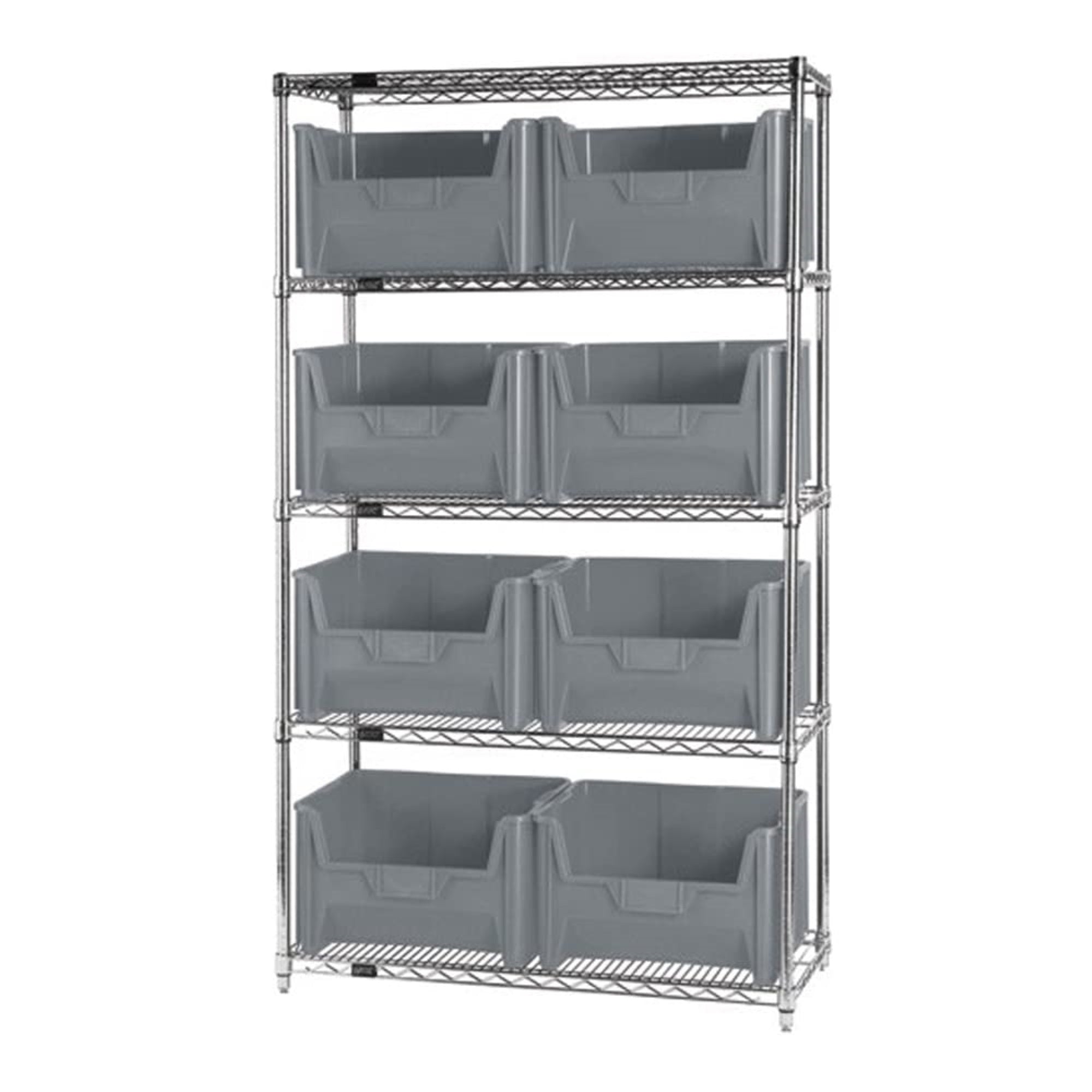 Bin Wire Shelving System, 42W X 18D X 74H, 800 Lbs Load Capacity Per Shelf, Includes: (5) Shelves And (8) Qgh700 Gray Bins, Chro