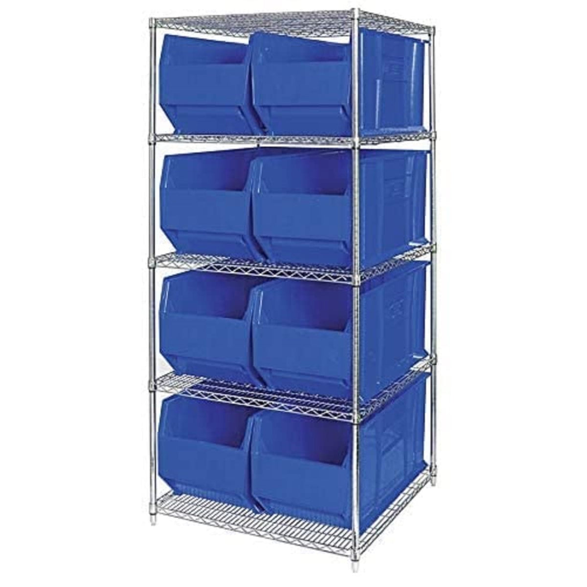 Bin Wire Shelving System, 36W X 36D X 74H, 800 Lbs Load Capacity Per Shelf, Includes: (5) Shelves And (8) Qus993 Blue Bins, Chro