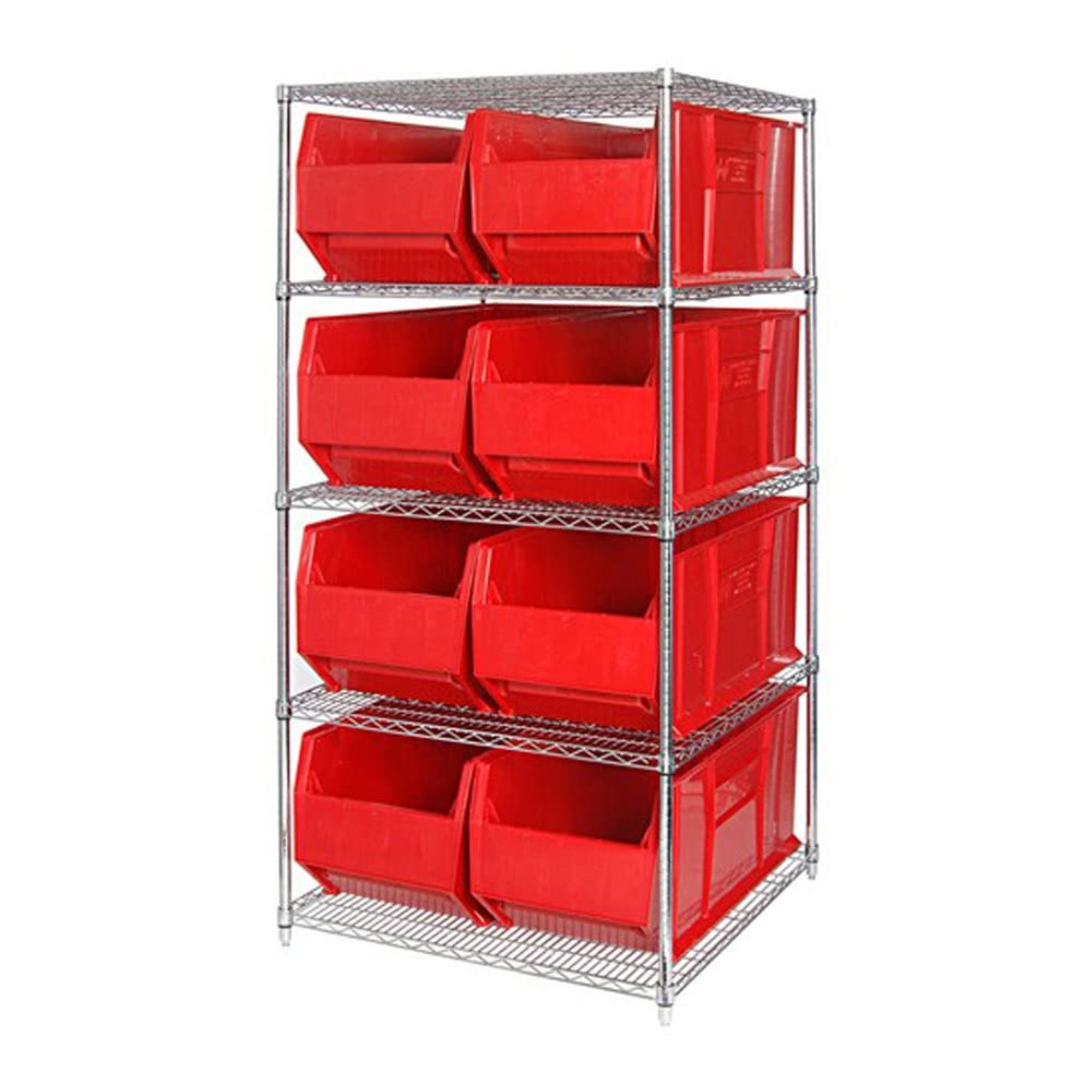 Bin Wire Shelving System, 48W X 36D X 74H, 800 Lbs Load Capacity Per Shelf, Includes: (5) Shelves And (8) Qus997 Red Bins, Chrom