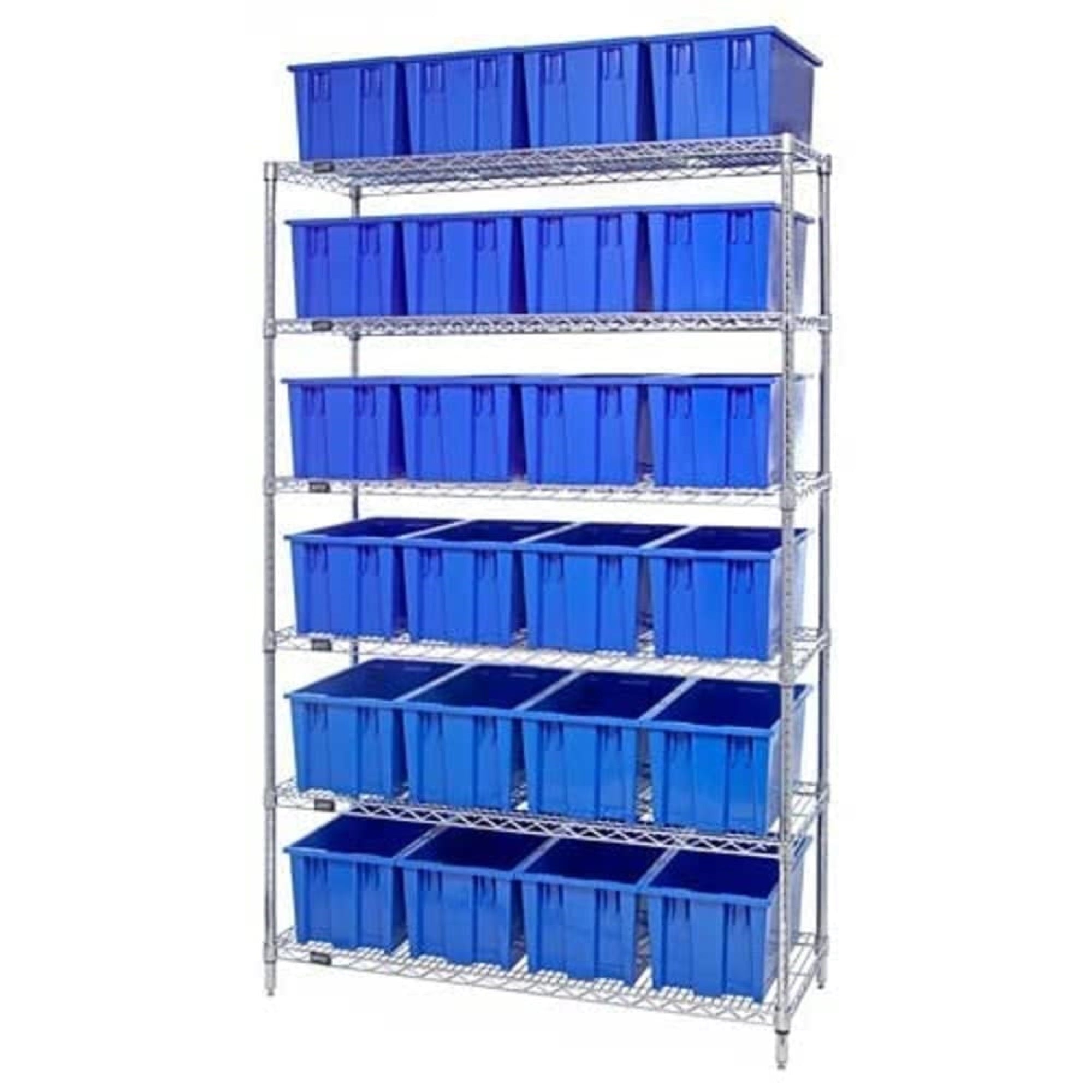 Bin Wire Shelving System, 48L X 18D X 74H, 800 Lbs Load Capacity Per Shelf, Includes: (6) Shelves And (24) Snt185 Blue Container