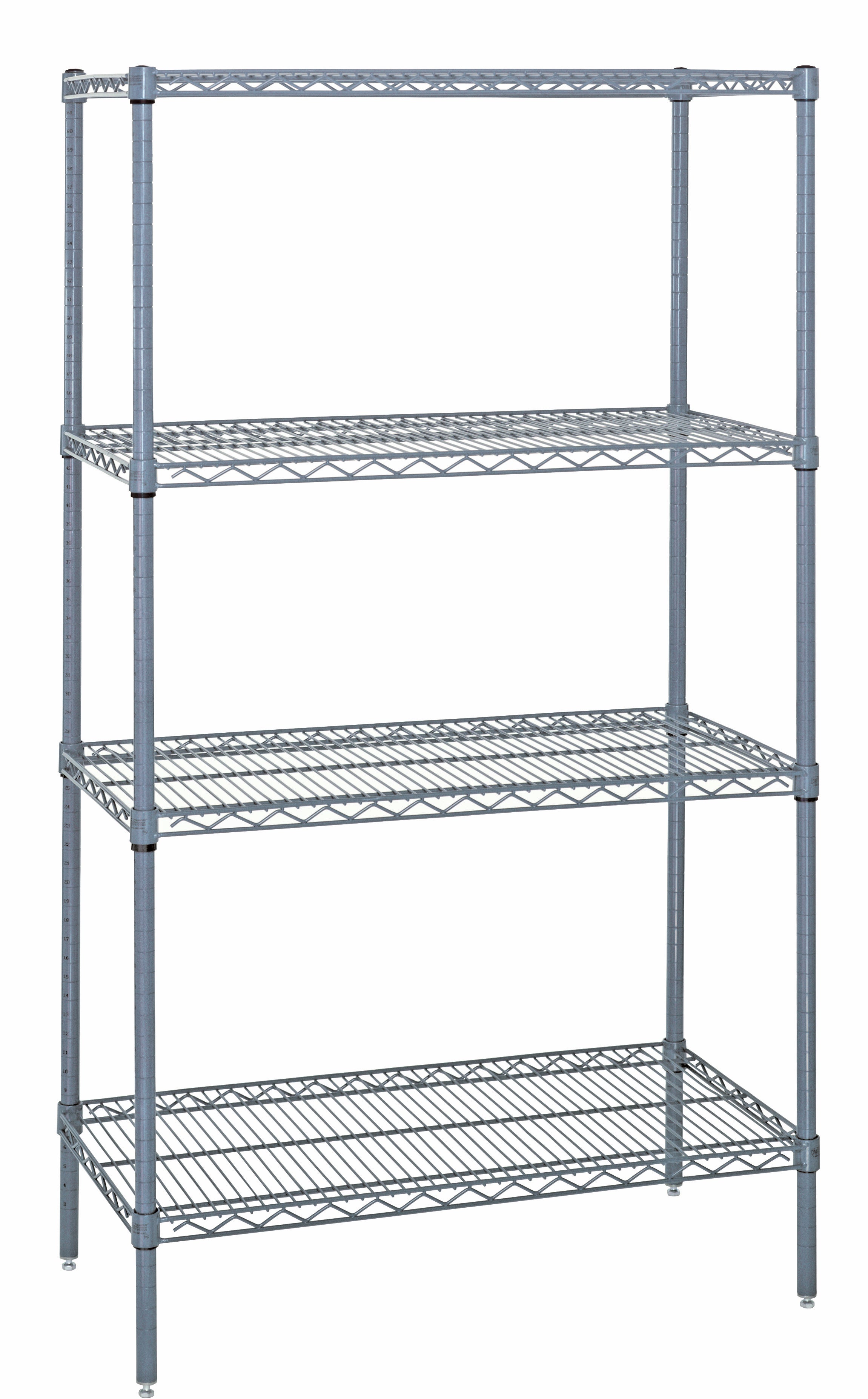 Wire Shelving Starter Kit, 24"W x 21"D x 63"H, 600 - 800 lb. capacity, includes (4) wire shelves and (4) posts with pre-inserted leveler, gray epoxy antimicrobial finish, NSF, shipped KD
