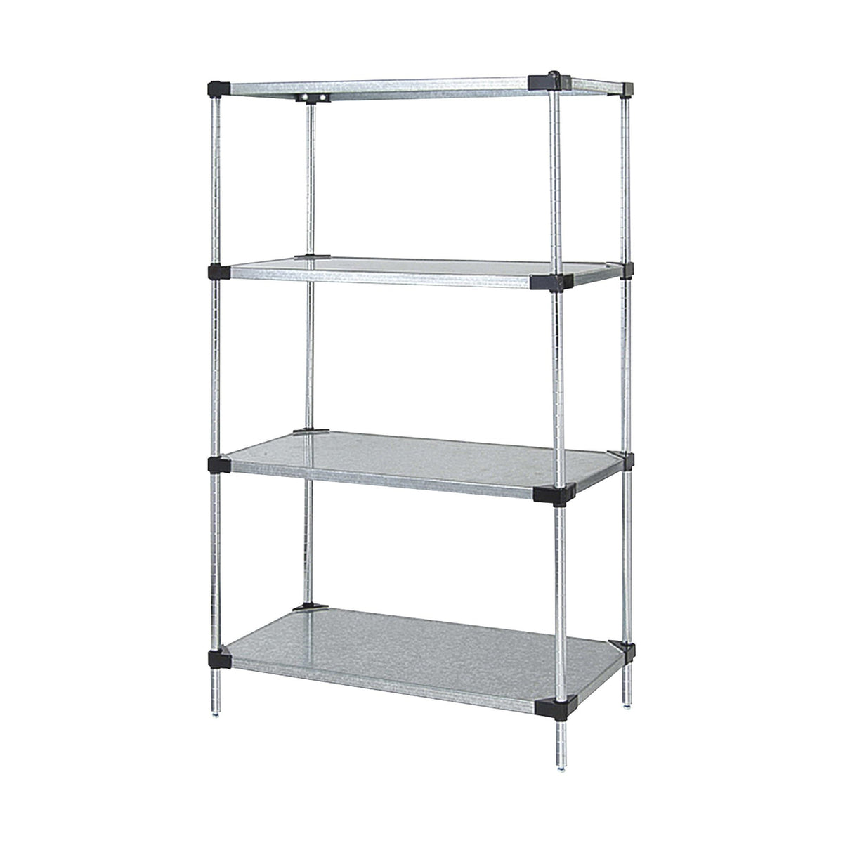 Solid Shelving Starter Kit, 36W X 24D X 63H, 300 - 600 Lb. Capacity, Includes (4) Solid Shelves And (4) Posts, Galvanized Steel,