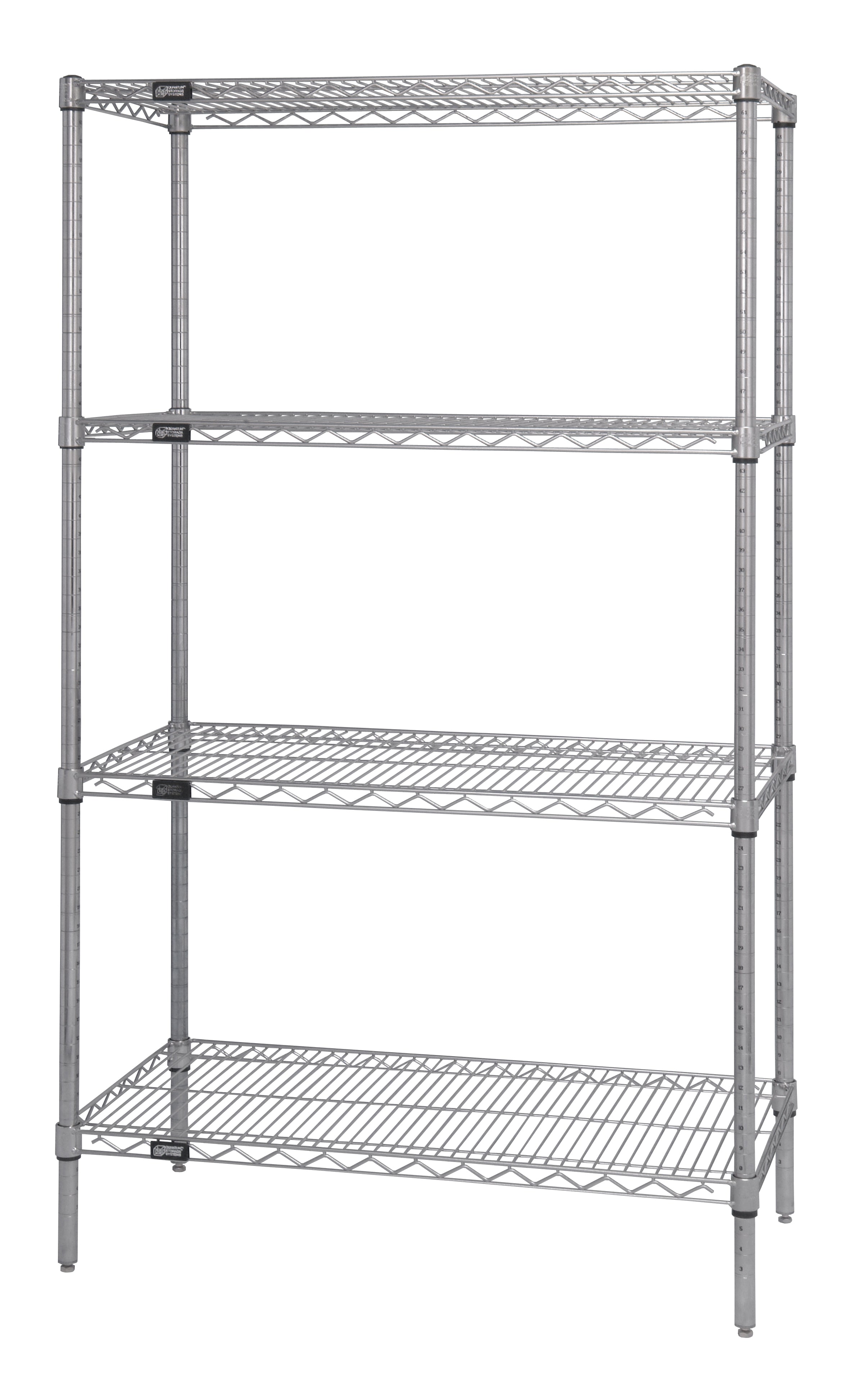 Wire Shelving Starter Kit, 72"W x 24"D x 63"H, 600 - 800 lb. capacity, includes (4) wire shelves and (4) posts with pre-inserted leveler, chrome plated finish, NSF, shipped KD